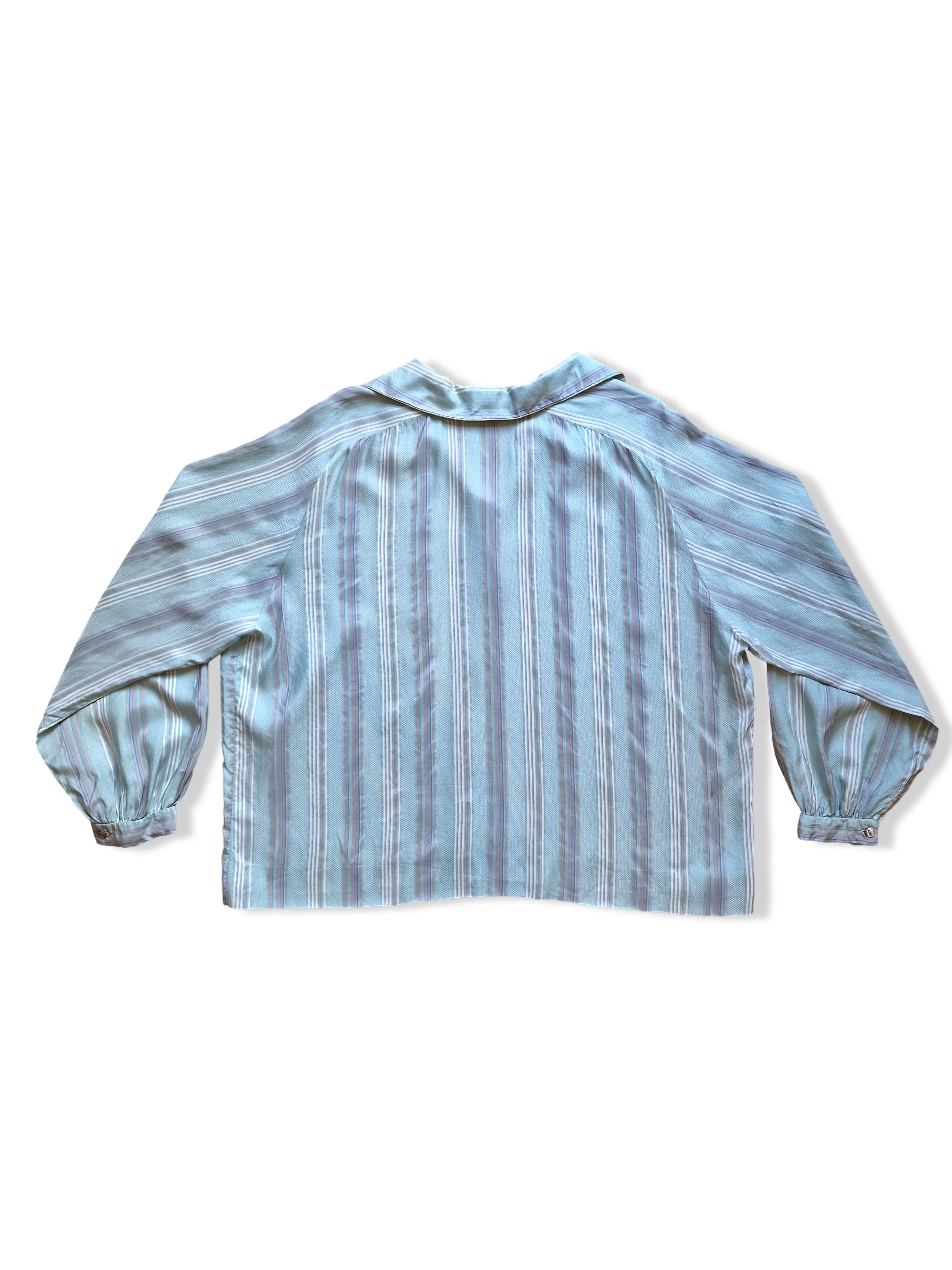 Vintage Pure Silk Light Mint Blue Striped Blouse - L - Image 4