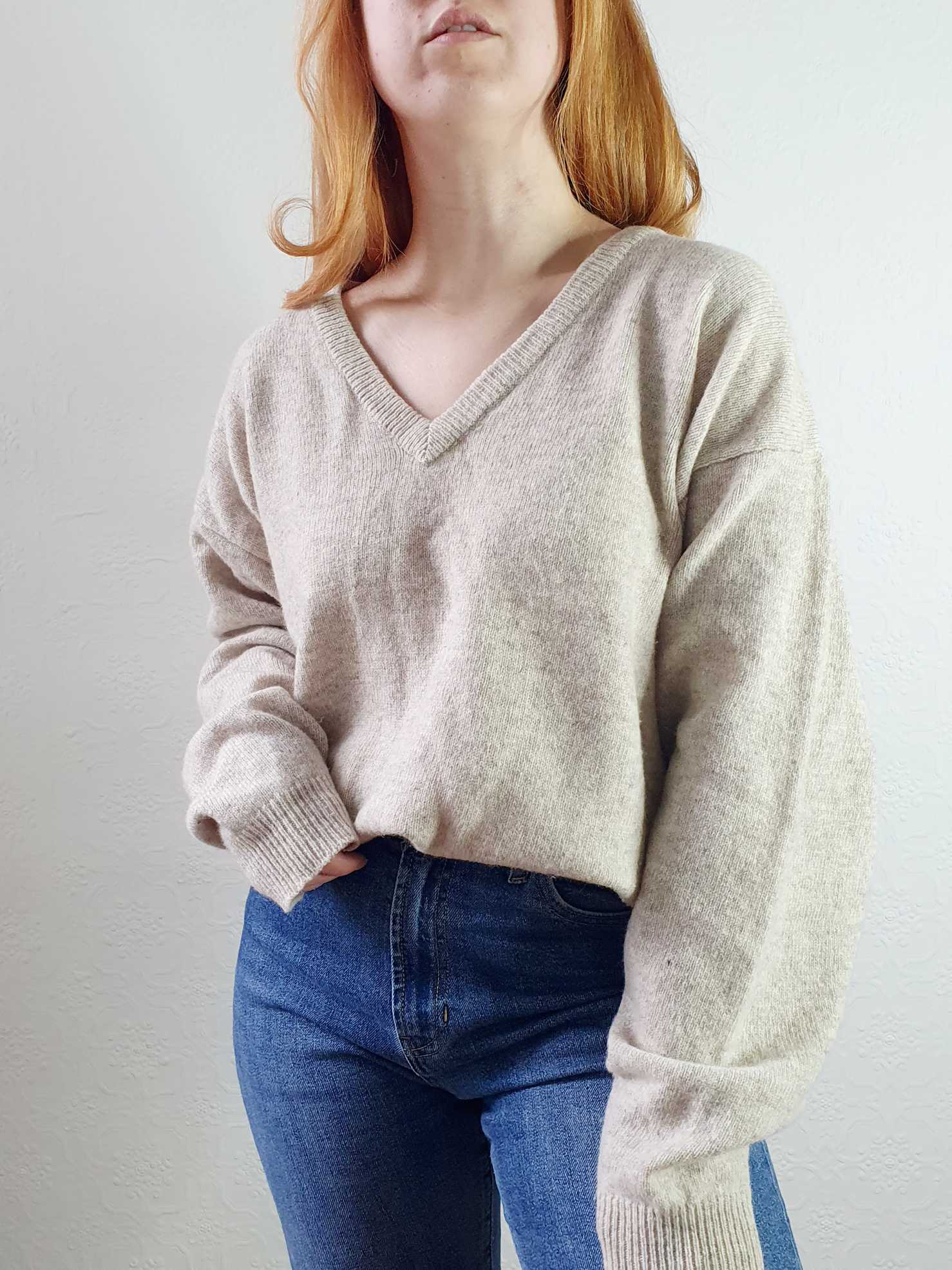 Vintage Pure Wool Beige V-Neck Jumper - XXL - Image 2