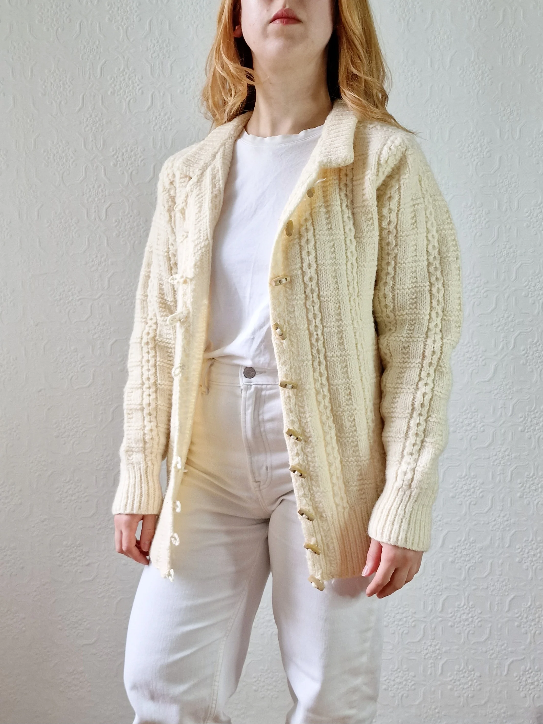 Vintage Pure Wool Cream Aran Cardigan with Toggle Closure - S/M