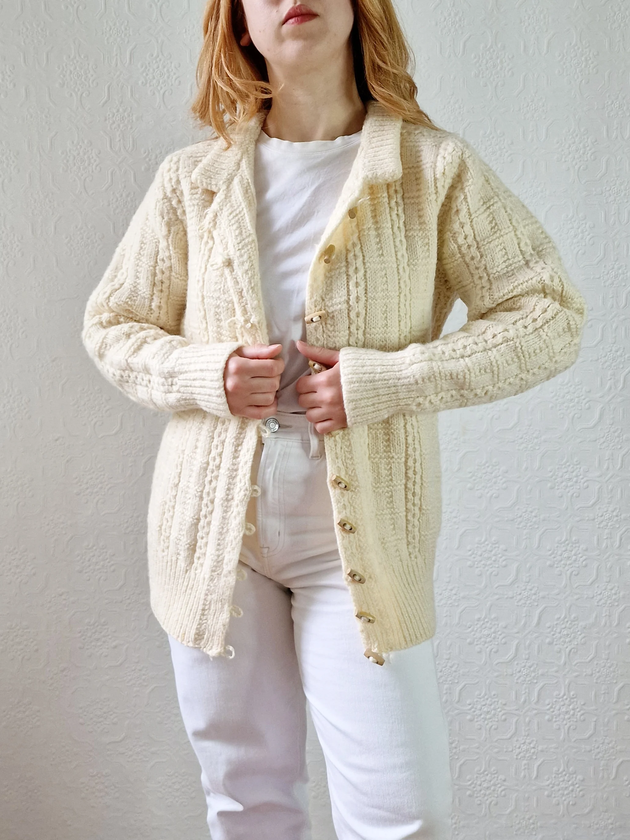 Vintage Pure Wool Cream Aran Cardigan with Toggle Closure - S/M - Image 2