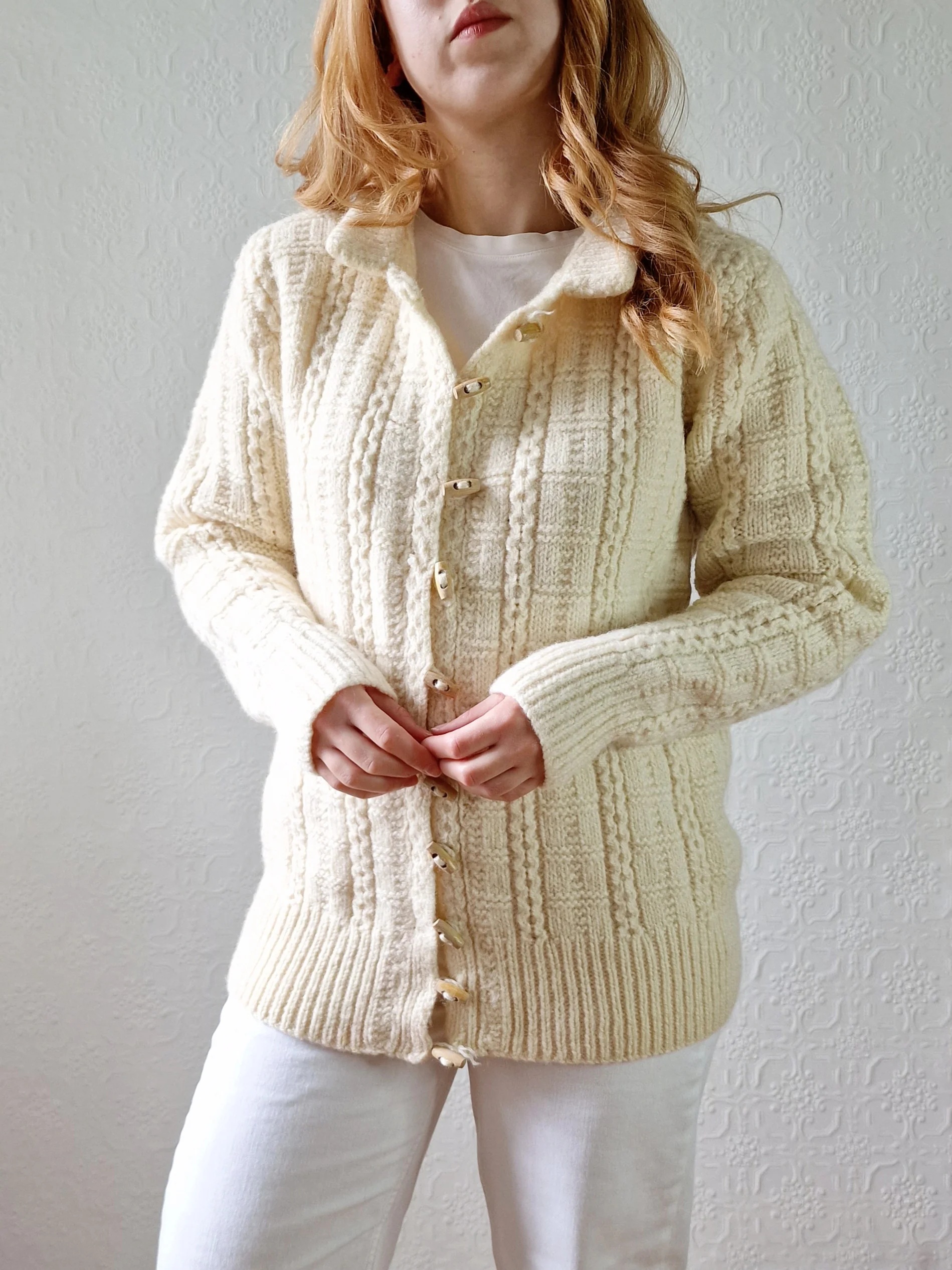 Vintage Pure Wool Cream Aran Cardigan with Toggle Closure - S/M - Image 5