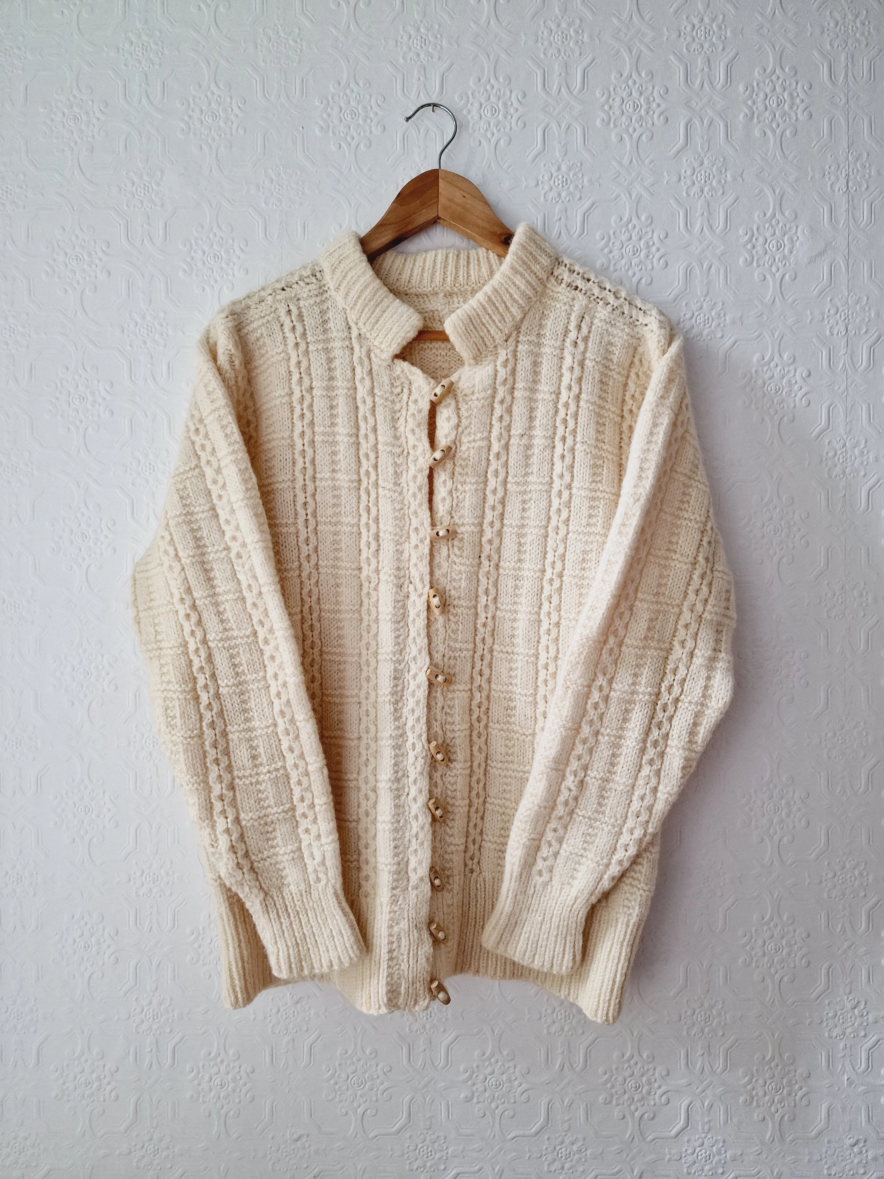 Vintage Pure Wool Cream Aran Cardigan with Toggle Closure - S/M - Image 6