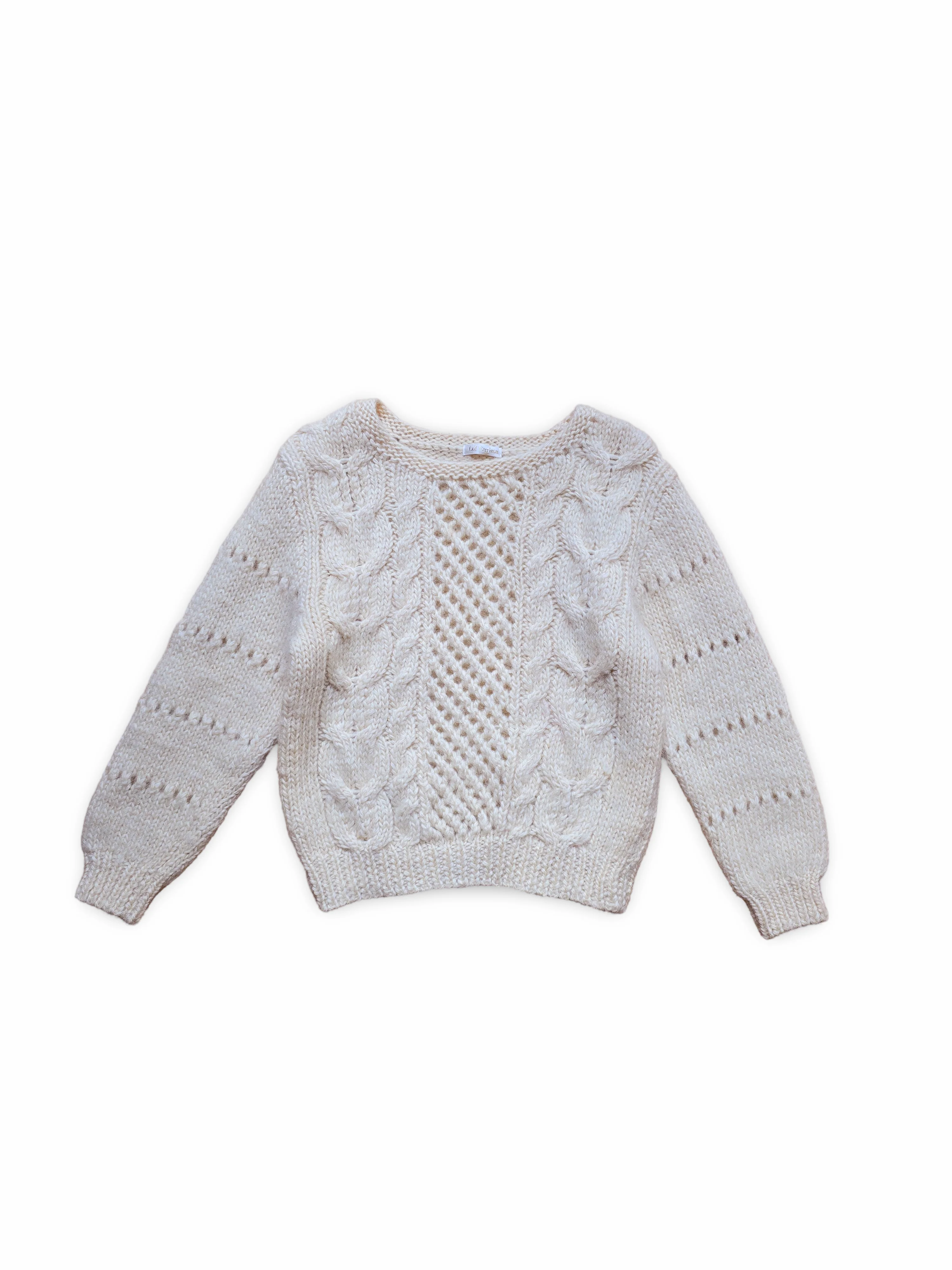 Vintage Pure Wool Cream Aran Style Knitted Jumper - XS