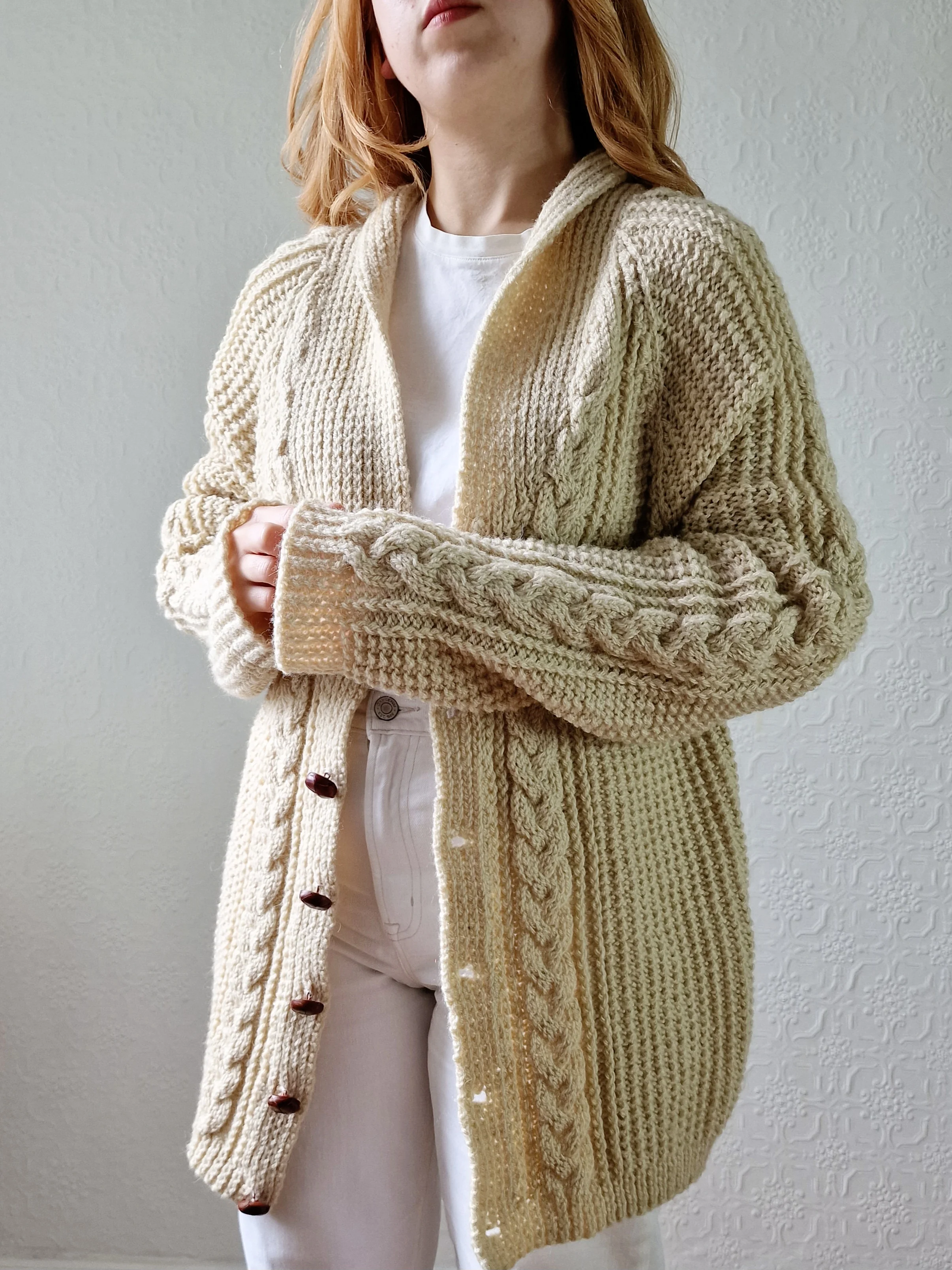 Vintage Pure Wool Cream Aran V-Neck Long Cardigan - L