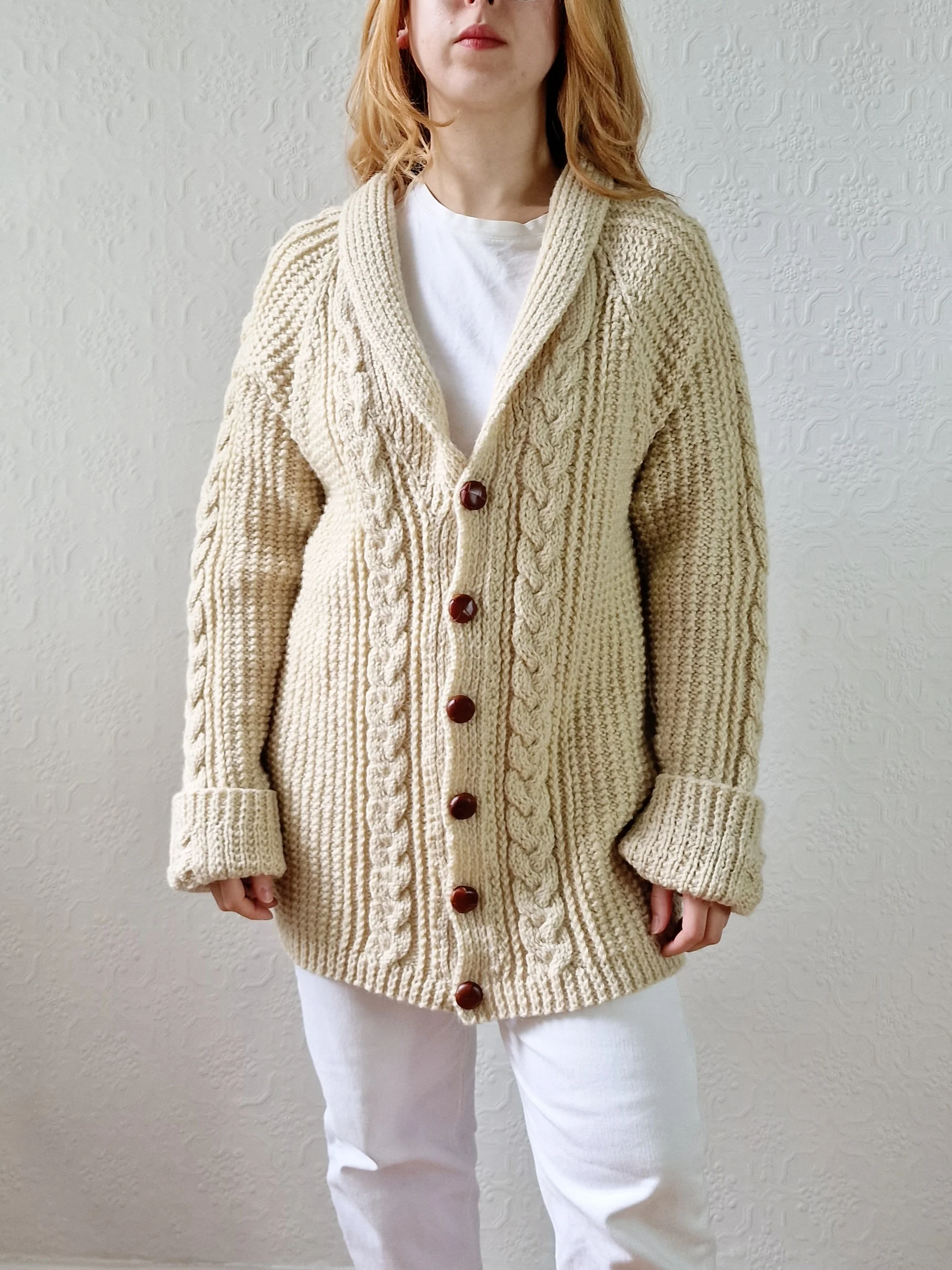 Vintage Pure Wool Cream Aran V-Neck Long Cardigan - L - Image 2