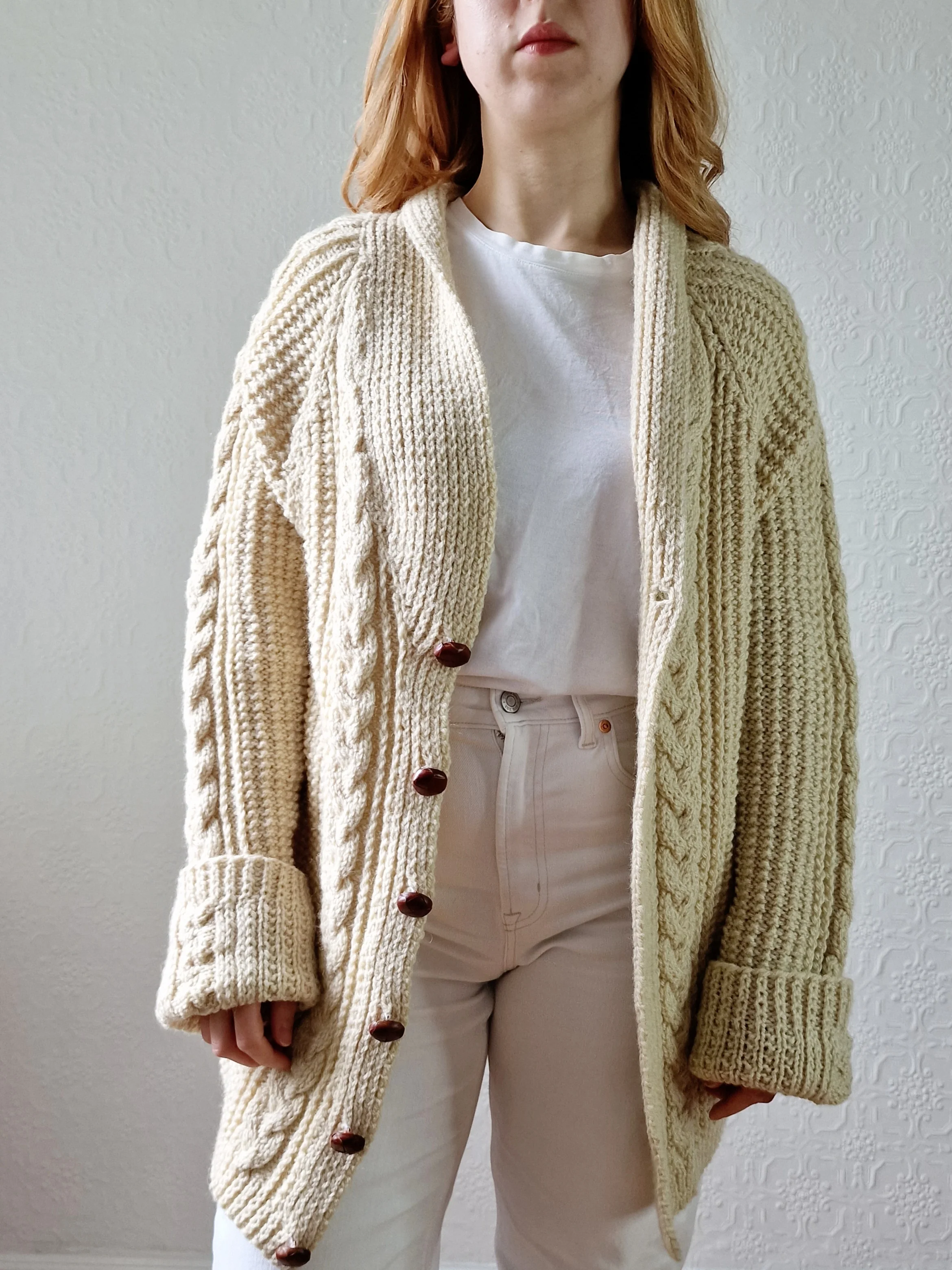 Vintage Pure Wool Cream Aran V-Neck Long Cardigan - L - Image 3