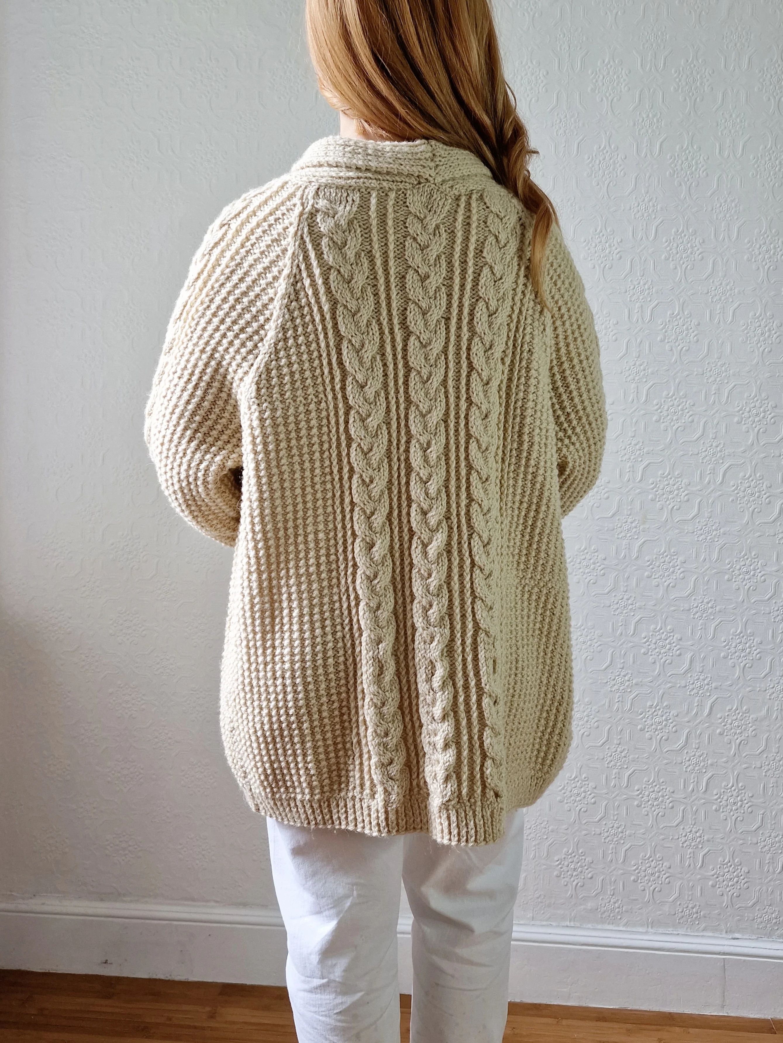 Vintage Pure Wool Cream Aran V-Neck Long Cardigan - L - Image 4