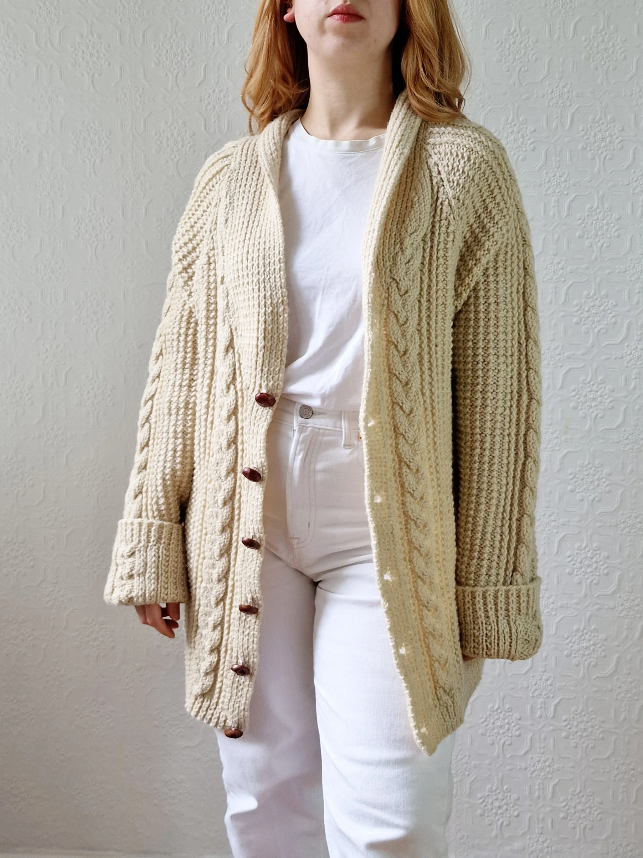 Vintage Pure Wool Cream Aran V-Neck Long Cardigan - L - Image 5