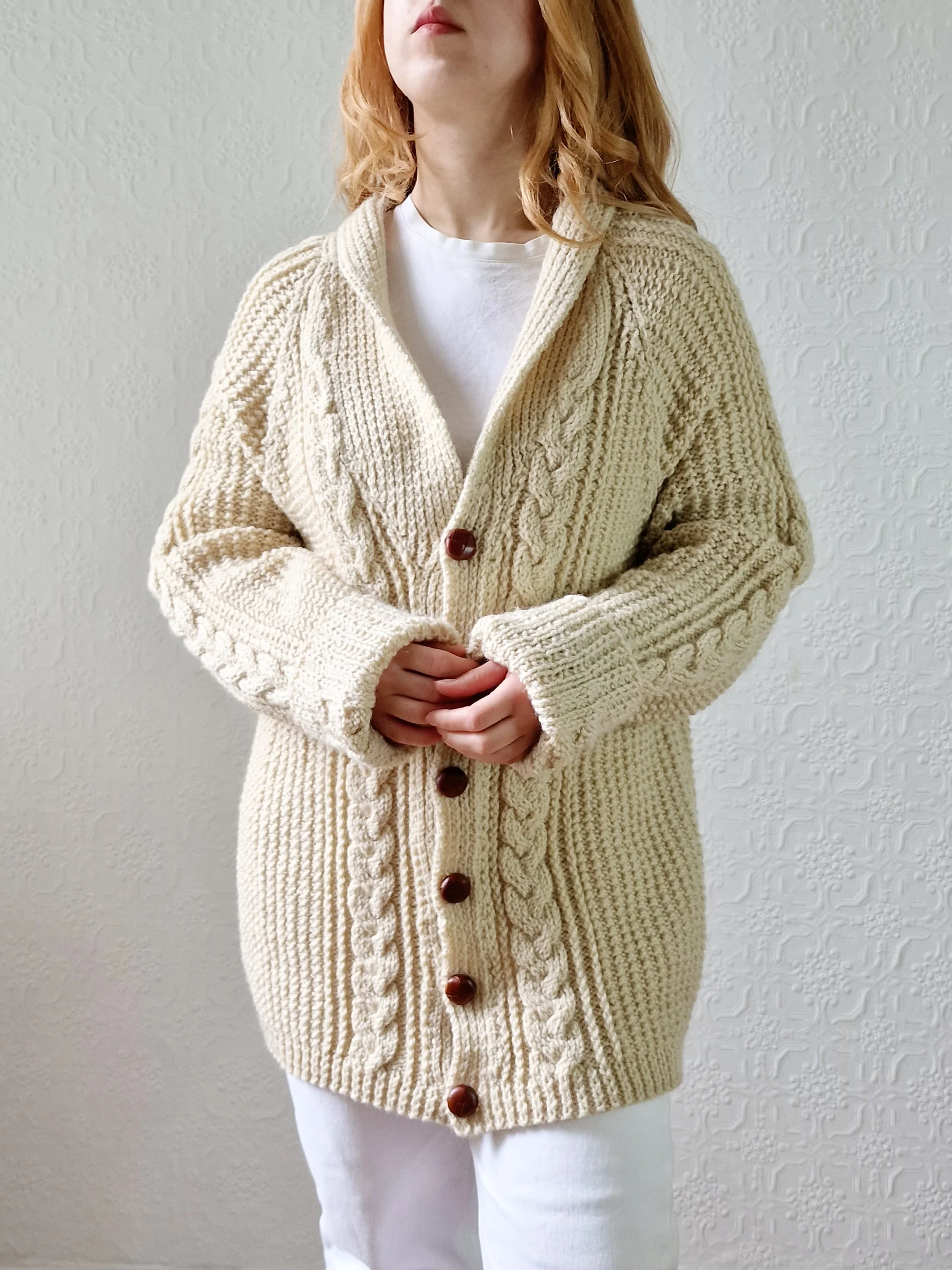 Vintage Pure Wool Cream Aran V-Neck Long Cardigan - L - Image 6