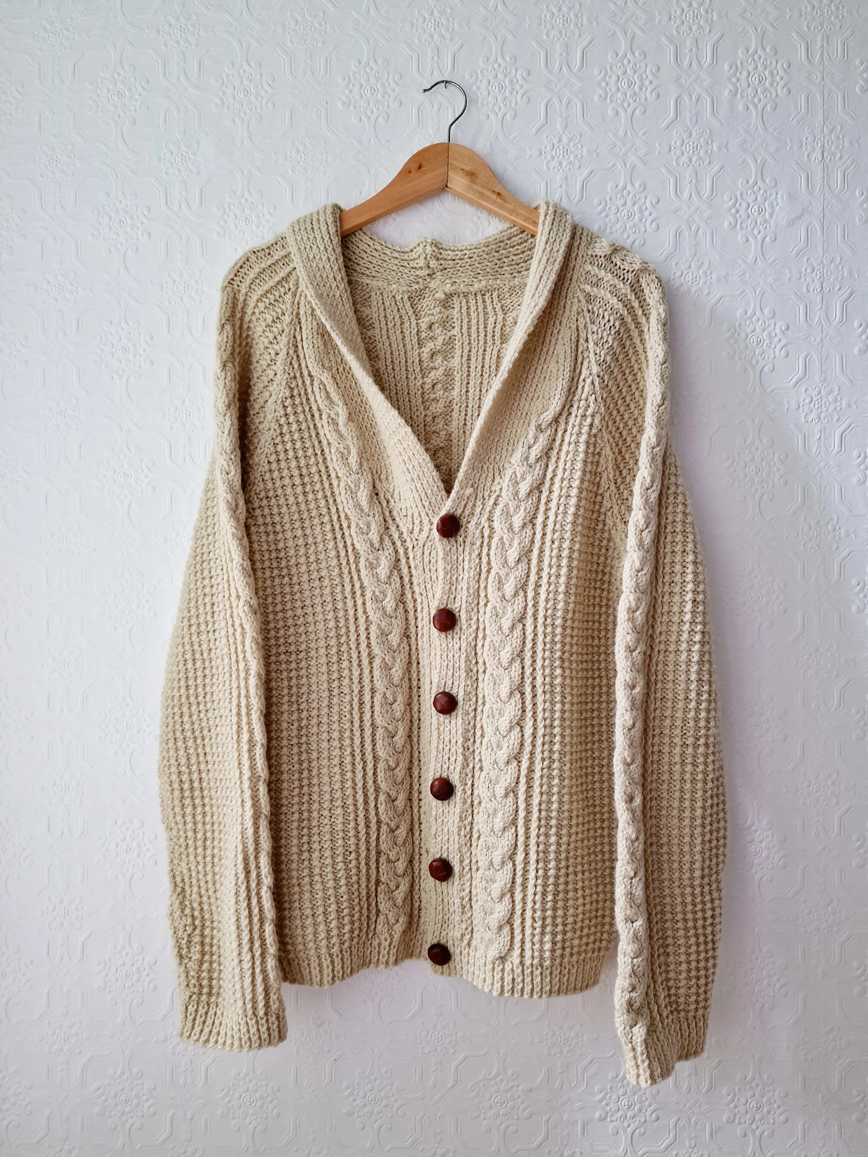 Vintage Pure Wool Cream Aran V-Neck Long Cardigan - L - Image 7