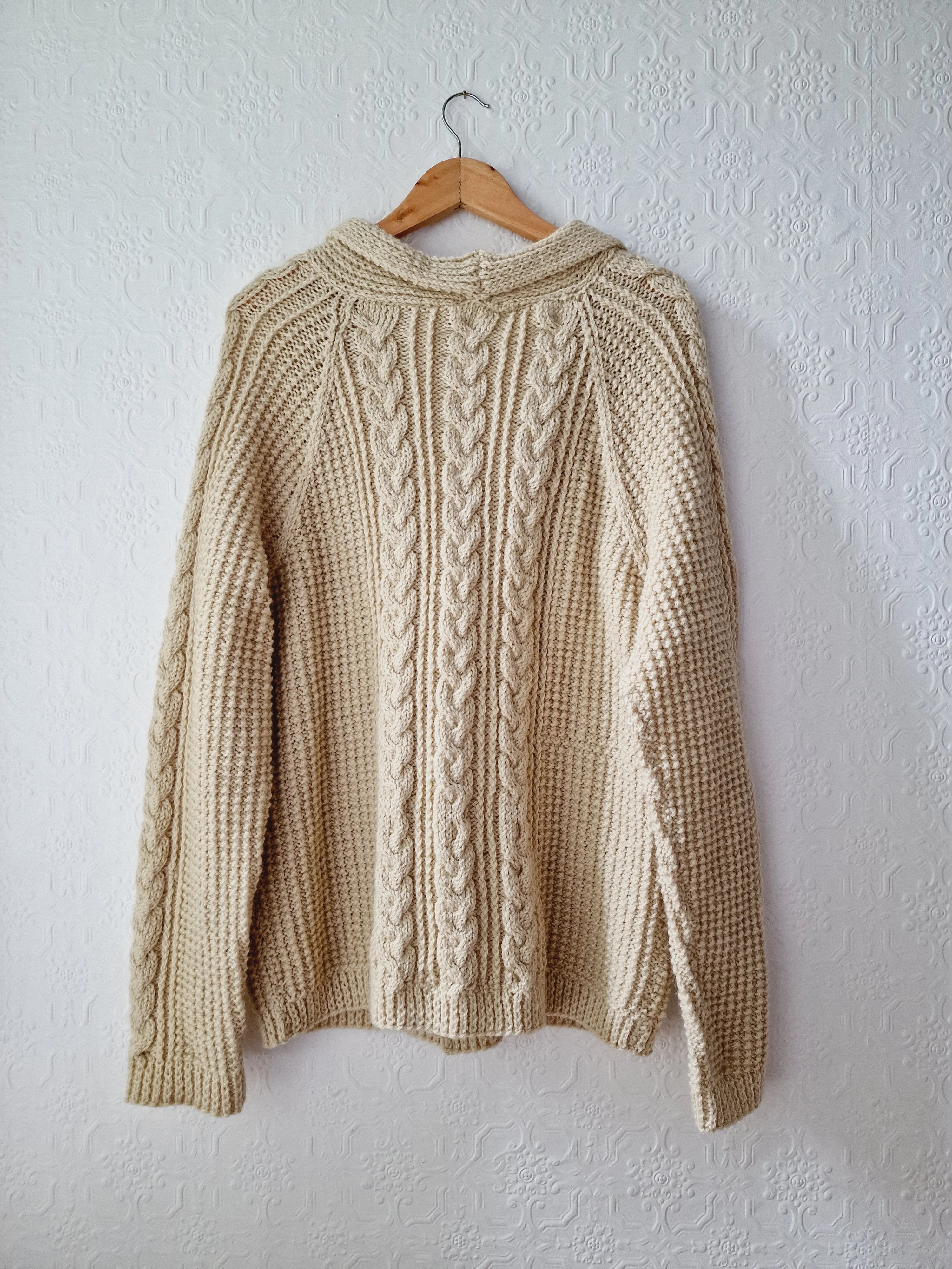 Vintage Pure Wool Cream Aran V-Neck Long Cardigan - L - Image 8
