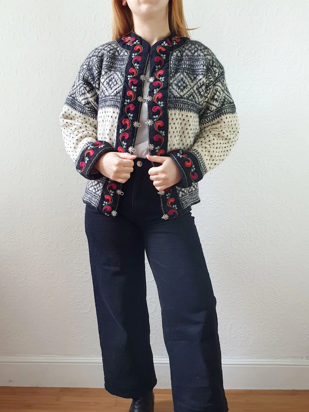 Vintage Pure Wool Cream & Black Norwegian Cardigan with Metal Clasps - S/M - Image 2