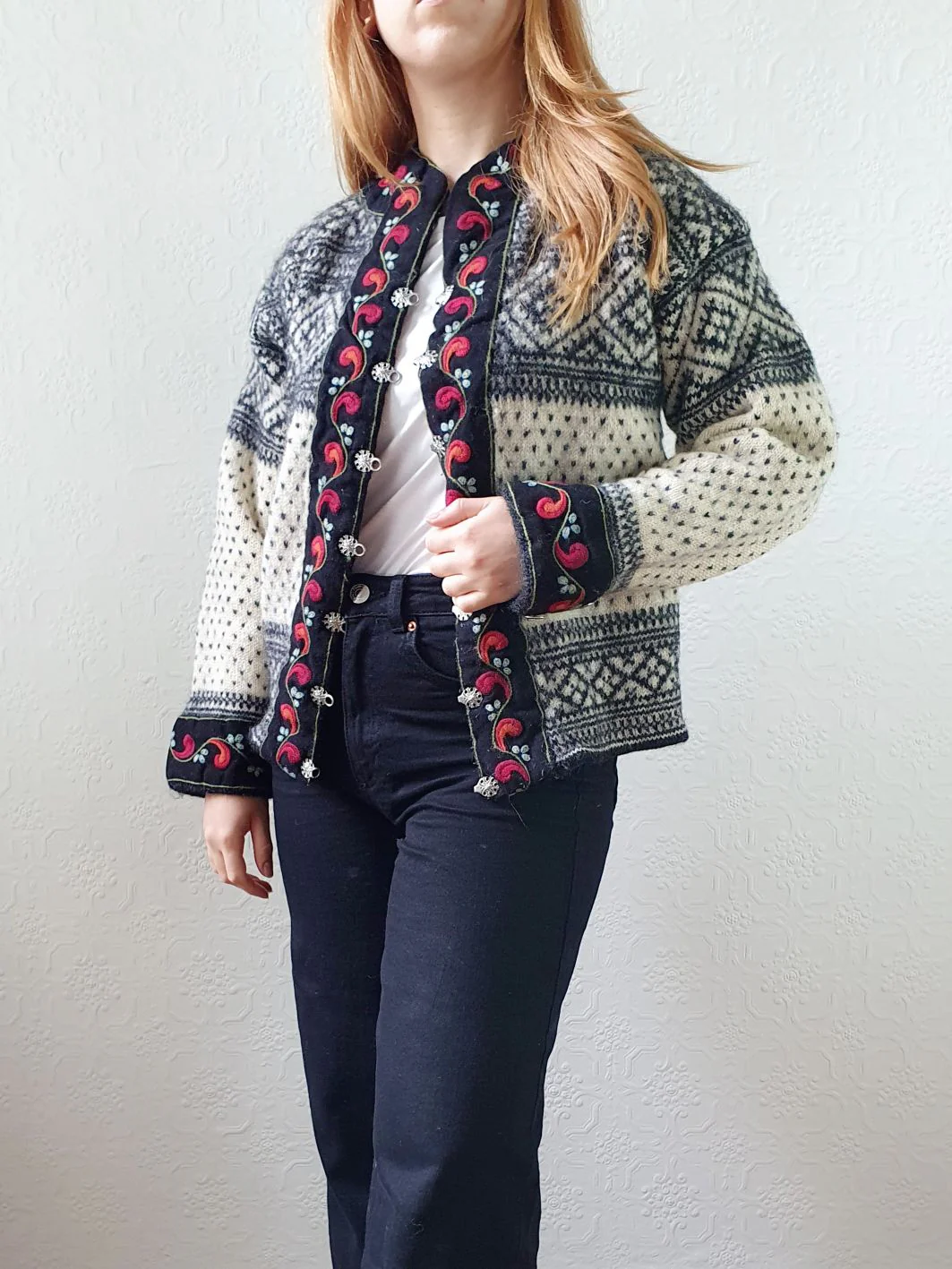 Vintage Pure Wool Cream & Black Norwegian Cardigan with Metal Clasps - S/M - Image 4