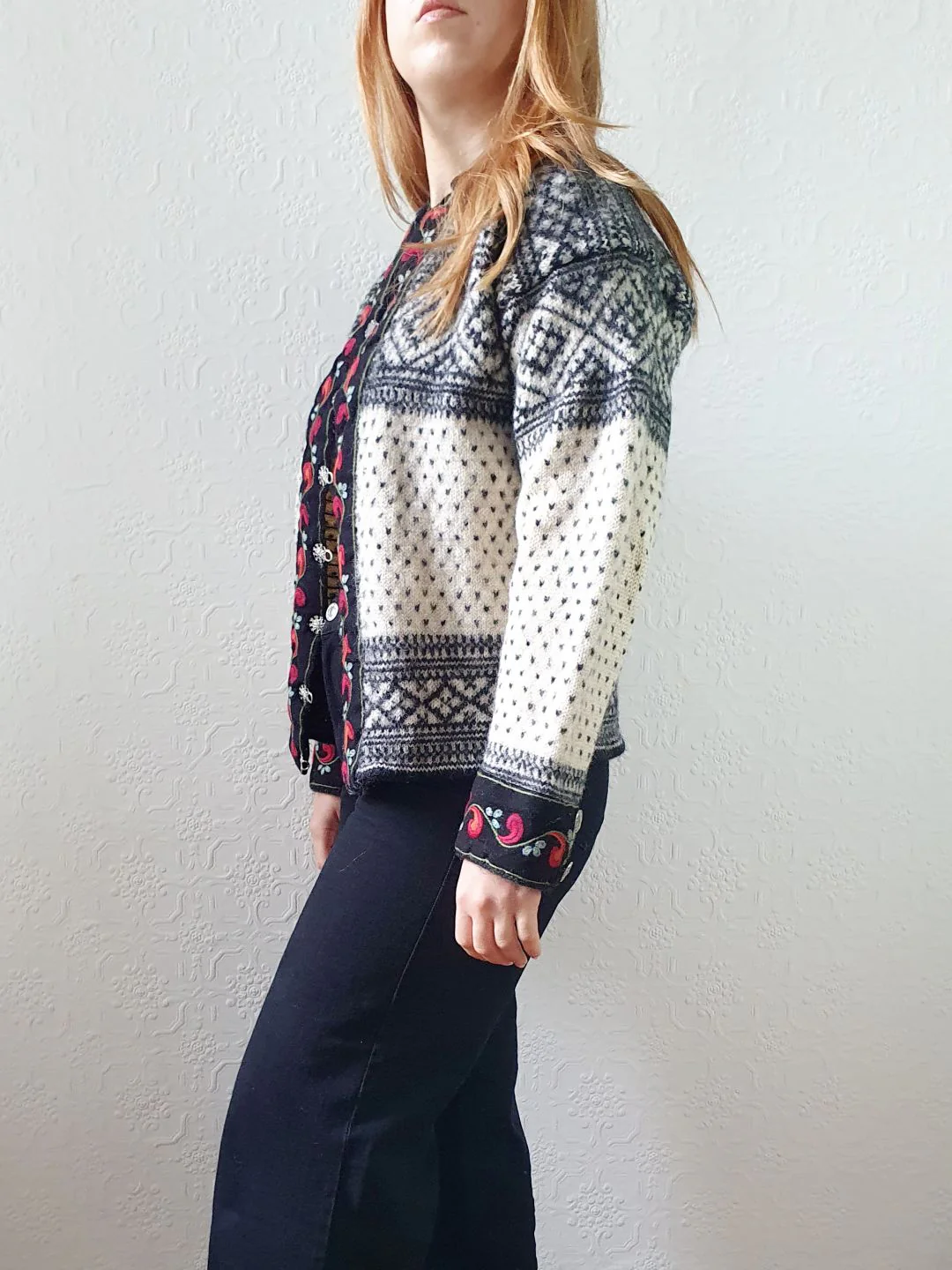 Vintage Pure Wool Cream & Black Norwegian Cardigan with Metal Clasps - S/M - Image 5