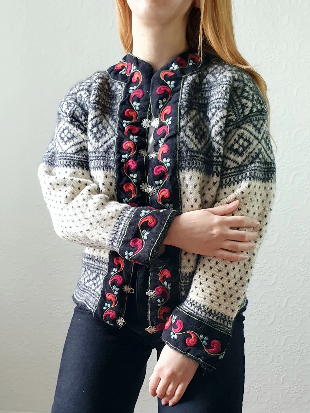 Vintage Pure Wool Cream & Black Norwegian Cardigan with Metal Clasps - S/M - Image 9