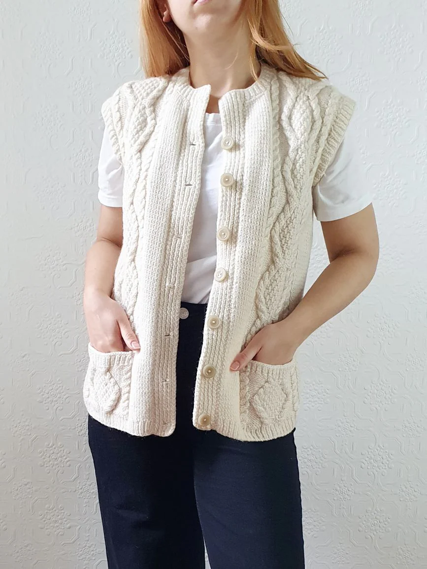 Vintage Pure Wool Cream Cable Knit Aran Sleeveless Vest - S