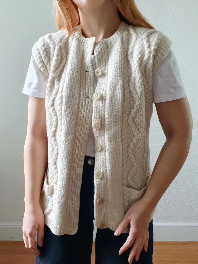 Vintage Pure Wool Cream Cable Knit Aran Sleeveless Vest - S - Image 10