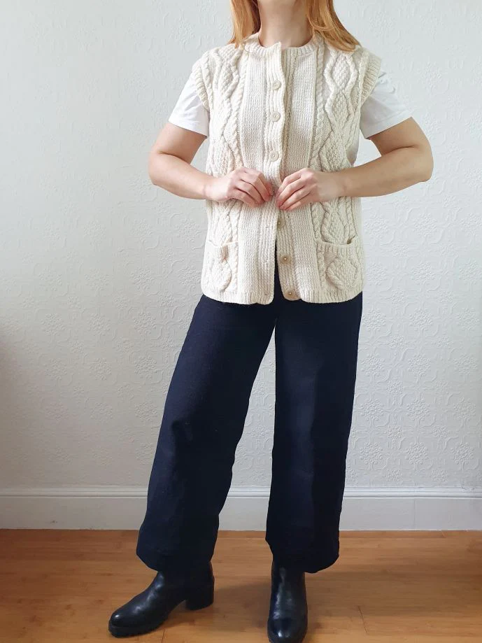 Vintage Pure Wool Cream Cable Knit Aran Sleeveless Vest - S - Image 11