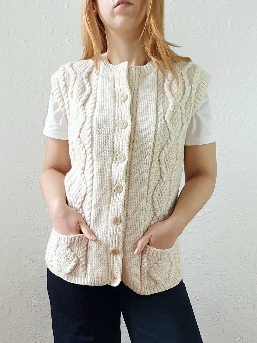 Vintage Pure Wool Cream Cable Knit Aran Sleeveless Vest - S - Image 2