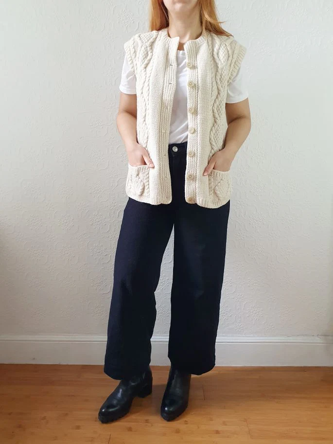 Vintage Pure Wool Cream Cable Knit Aran Sleeveless Vest - S - Image 3