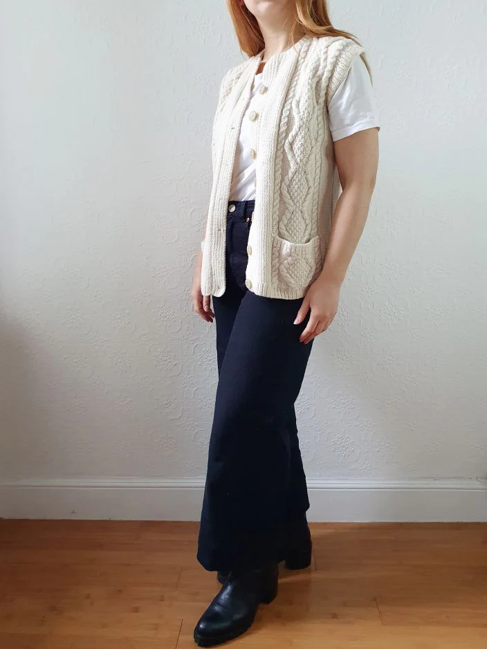 Vintage Pure Wool Cream Cable Knit Aran Sleeveless Vest - S - Image 4