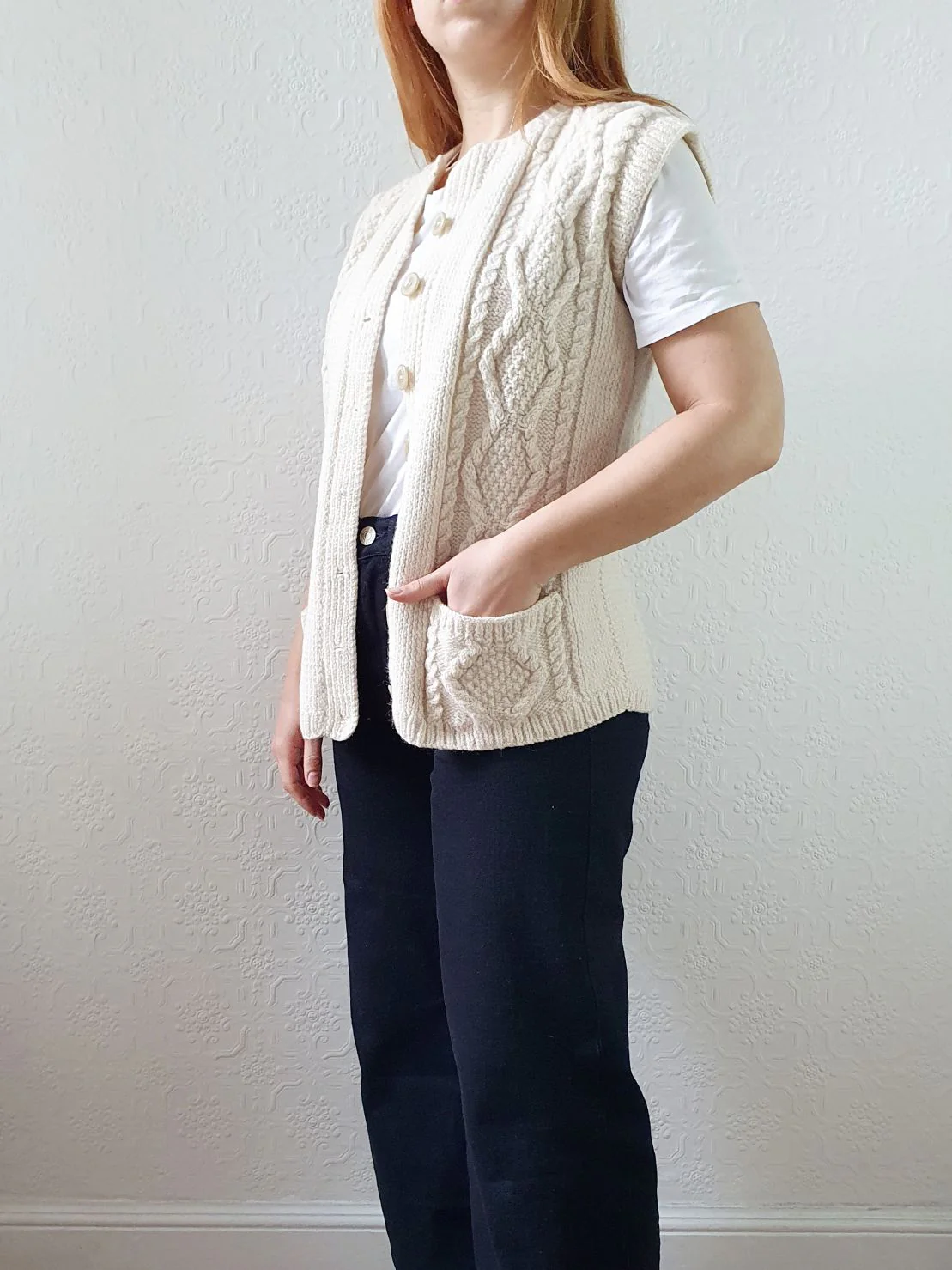 Vintage Pure Wool Cream Cable Knit Aran Sleeveless Vest - S - Image 5
