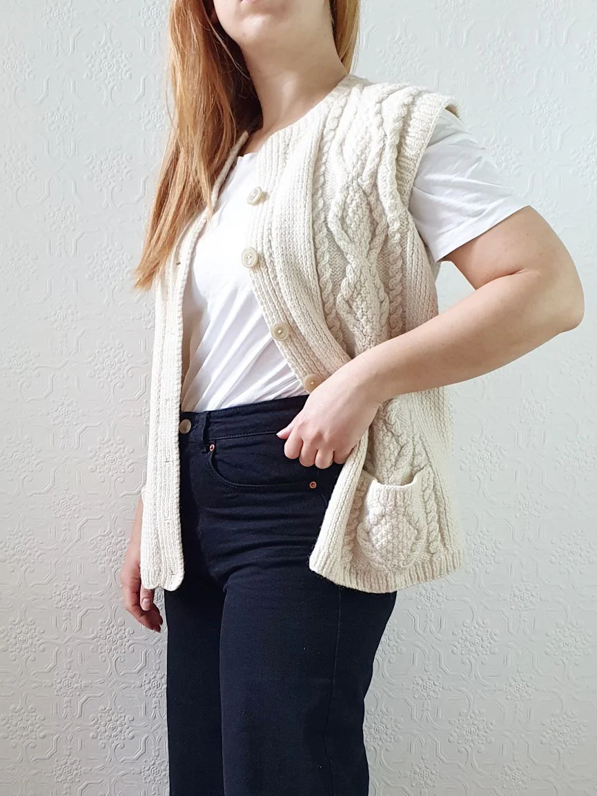 Vintage Pure Wool Cream Cable Knit Aran Sleeveless Vest - S - Image 8