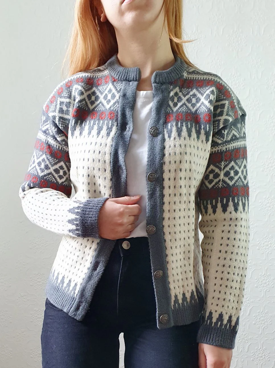 Vintage Pure Wool Cream & Grey Knitted Norwegian Cardigan - XS/S