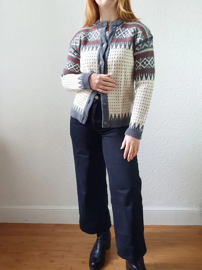 Vintage Pure Wool Cream & Grey Knitted Norwegian Cardigan - XS/S - Image 10