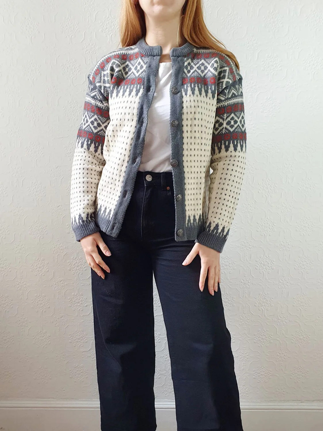 Vintage Pure Wool Cream & Grey Knitted Norwegian Cardigan - XS/S - Image 2