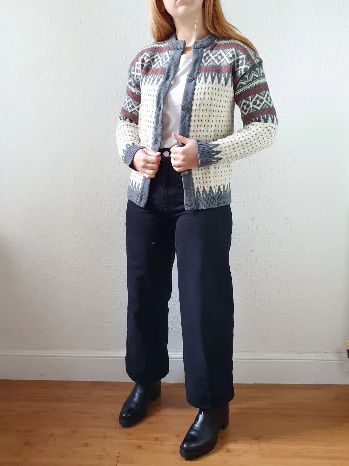 Vintage Pure Wool Cream & Grey Knitted Norwegian Cardigan - XS/S - Image 3