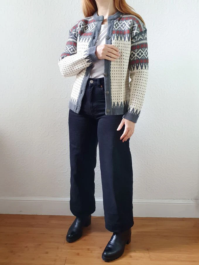 Vintage Pure Wool Cream & Grey Knitted Norwegian Cardigan - XS/S - Image 4