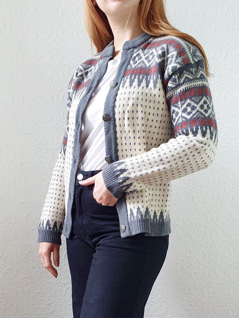 Vintage Pure Wool Cream & Grey Knitted Norwegian Cardigan - XS/S - Image 5