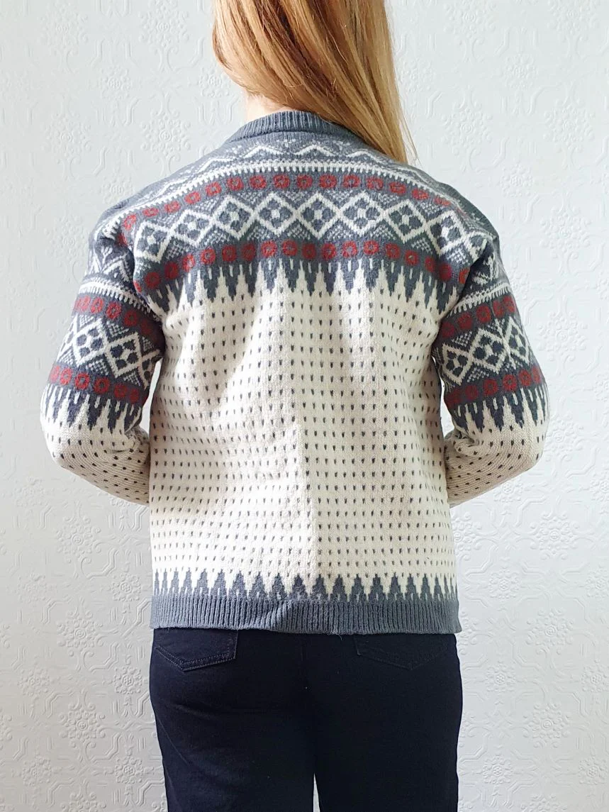 Vintage Pure Wool Cream & Grey Knitted Norwegian Cardigan - XS/S - Image 7