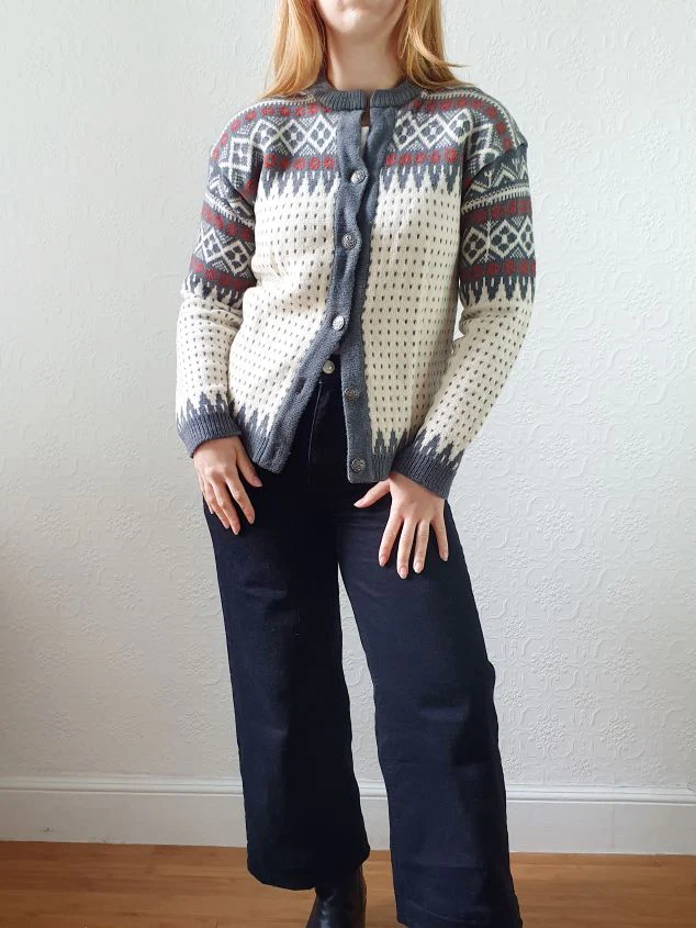 Vintage Pure Wool Cream & Grey Knitted Norwegian Cardigan - XS/S - Image 9