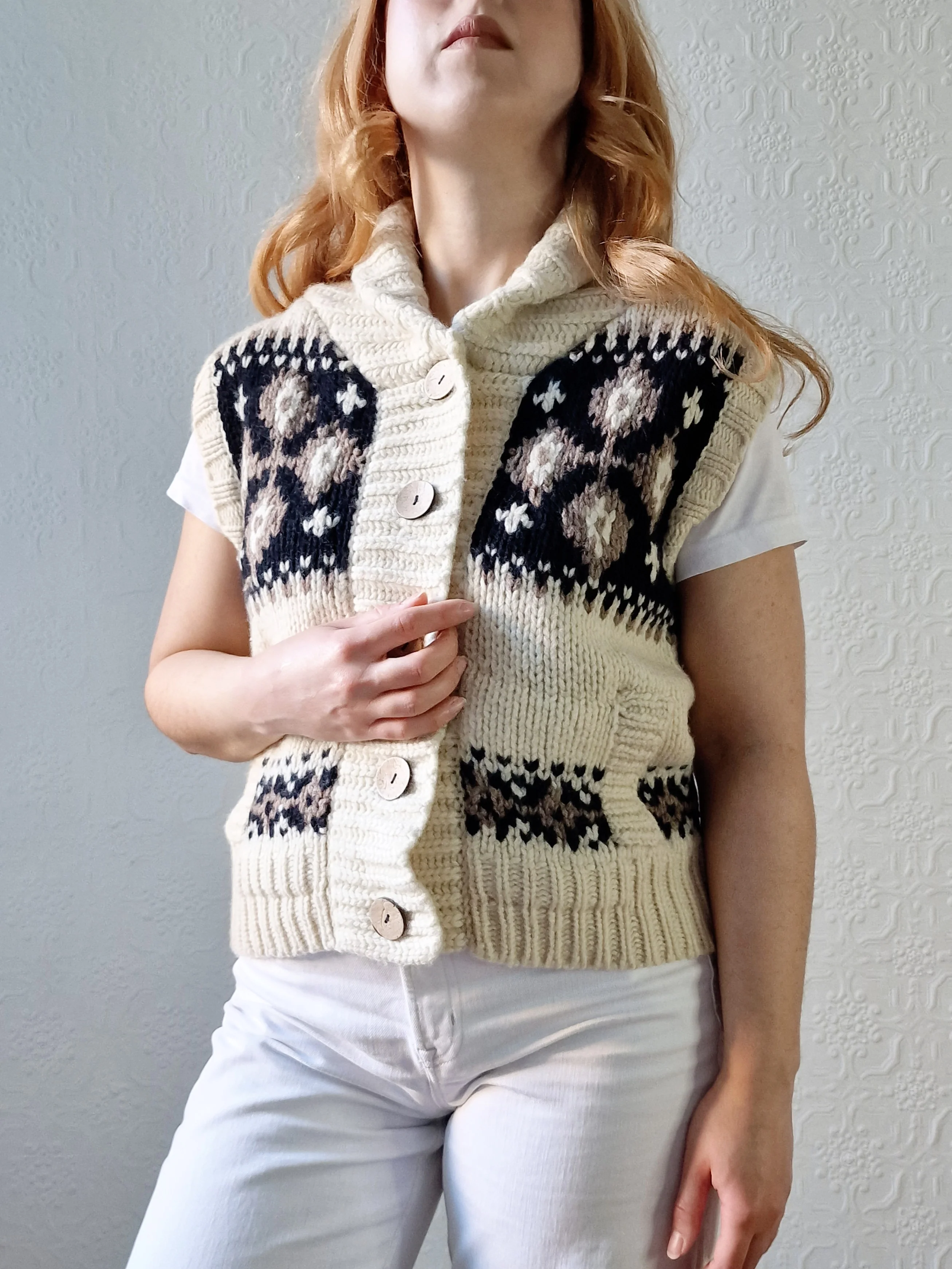 Vintage Pure Wool Cream Knitted Norwegian Style Sleeveless Vest - M - Image 2