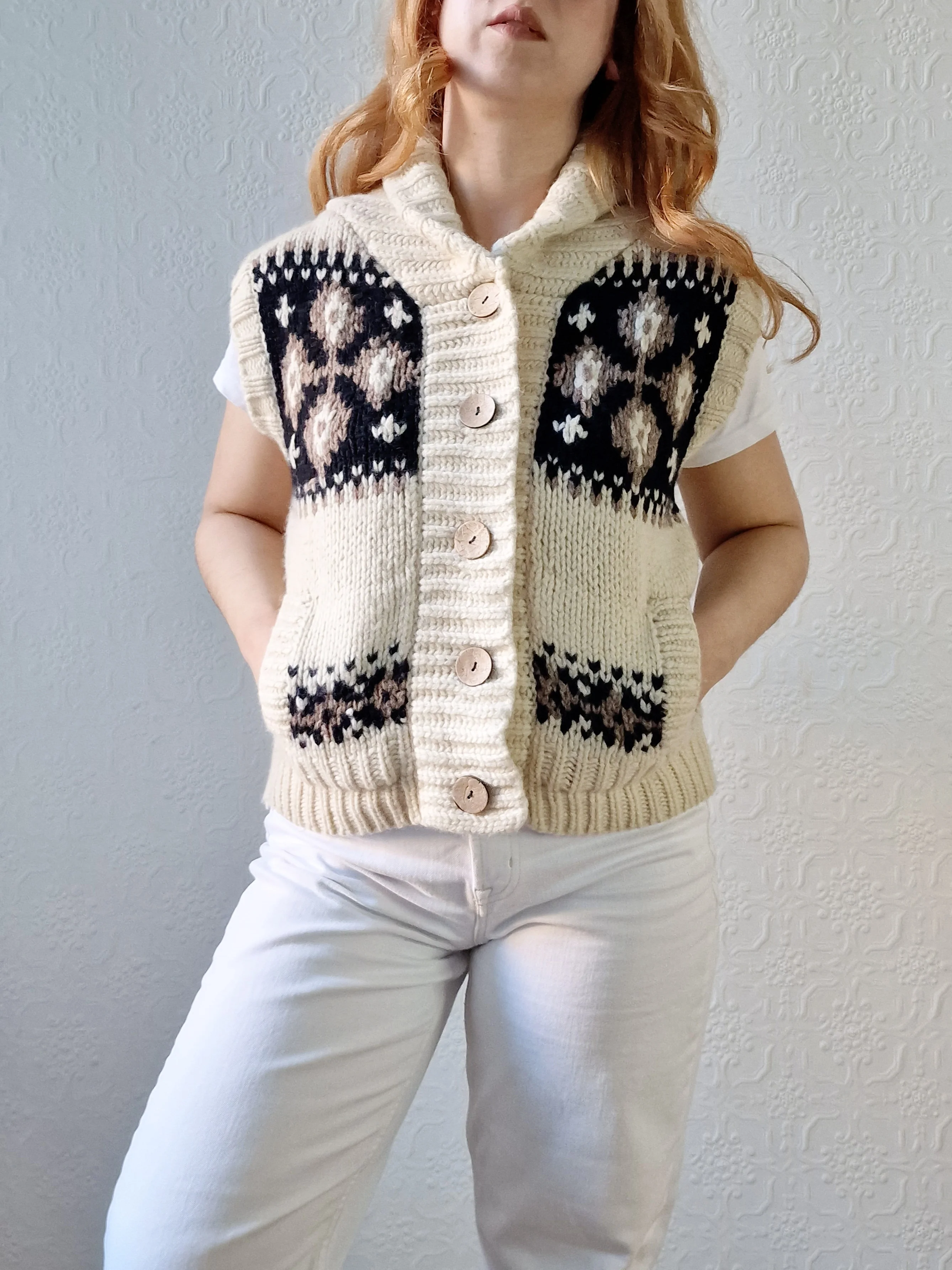 Vintage Pure Wool Cream Knitted Norwegian Style Sleeveless Vest - M - Image 3