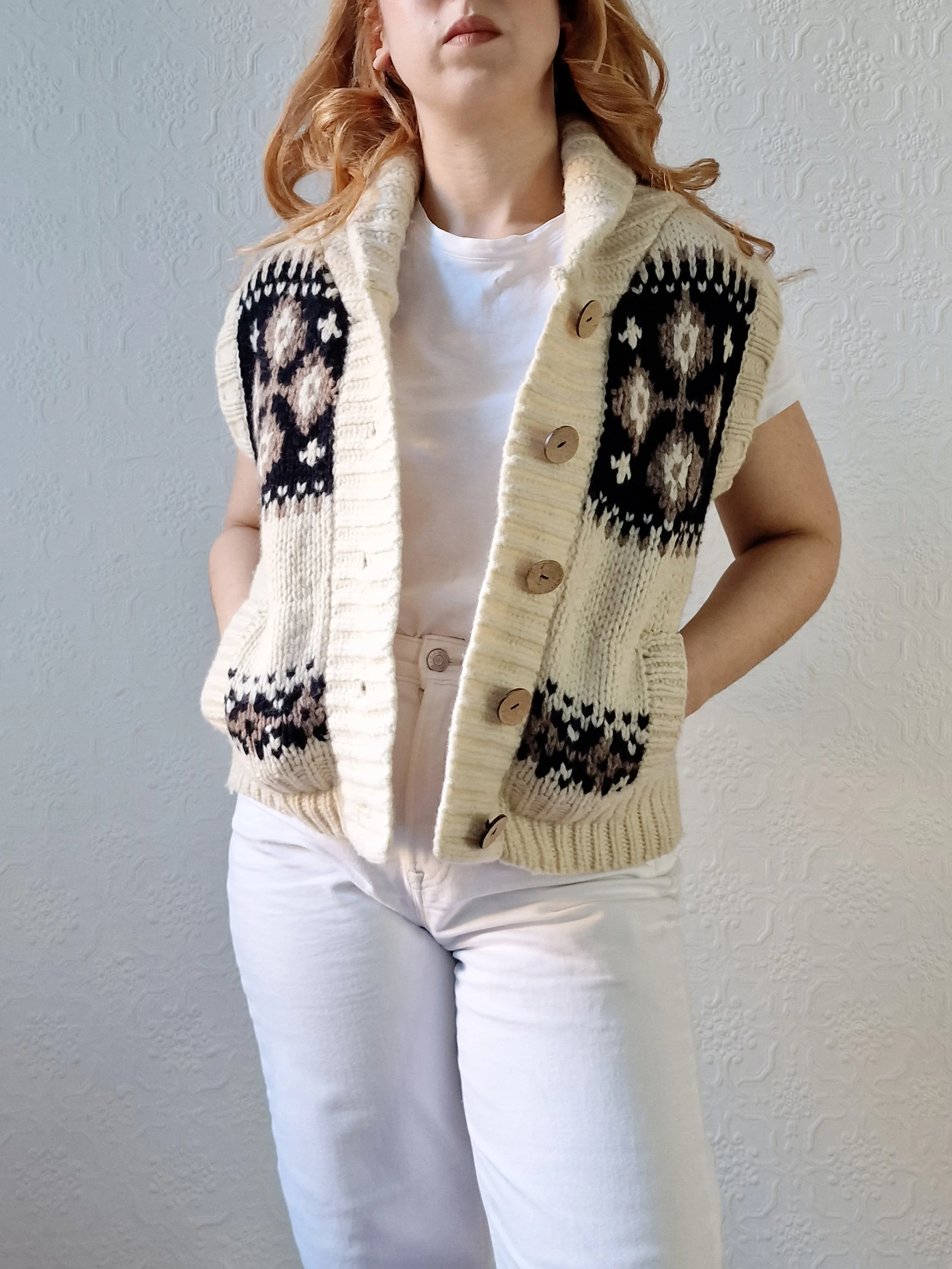 Vintage Pure Wool Cream Knitted Norwegian Style Sleeveless Vest - M - Image 5