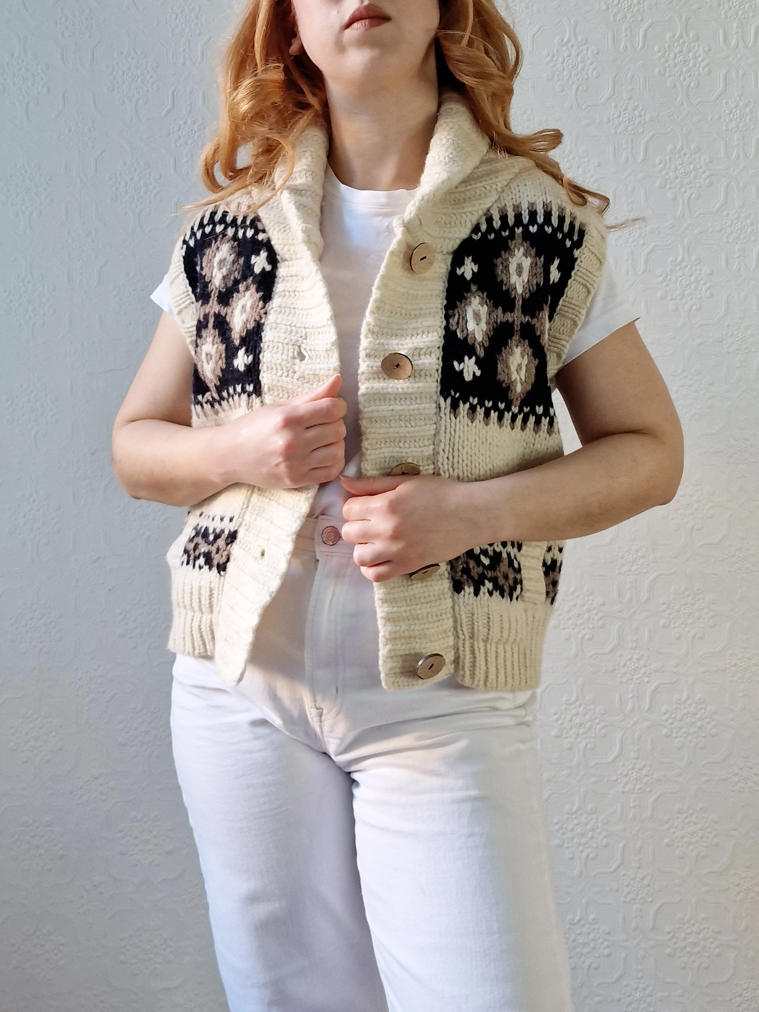Vintage Pure Wool Cream Knitted Norwegian Style Sleeveless Vest - M - Image 6