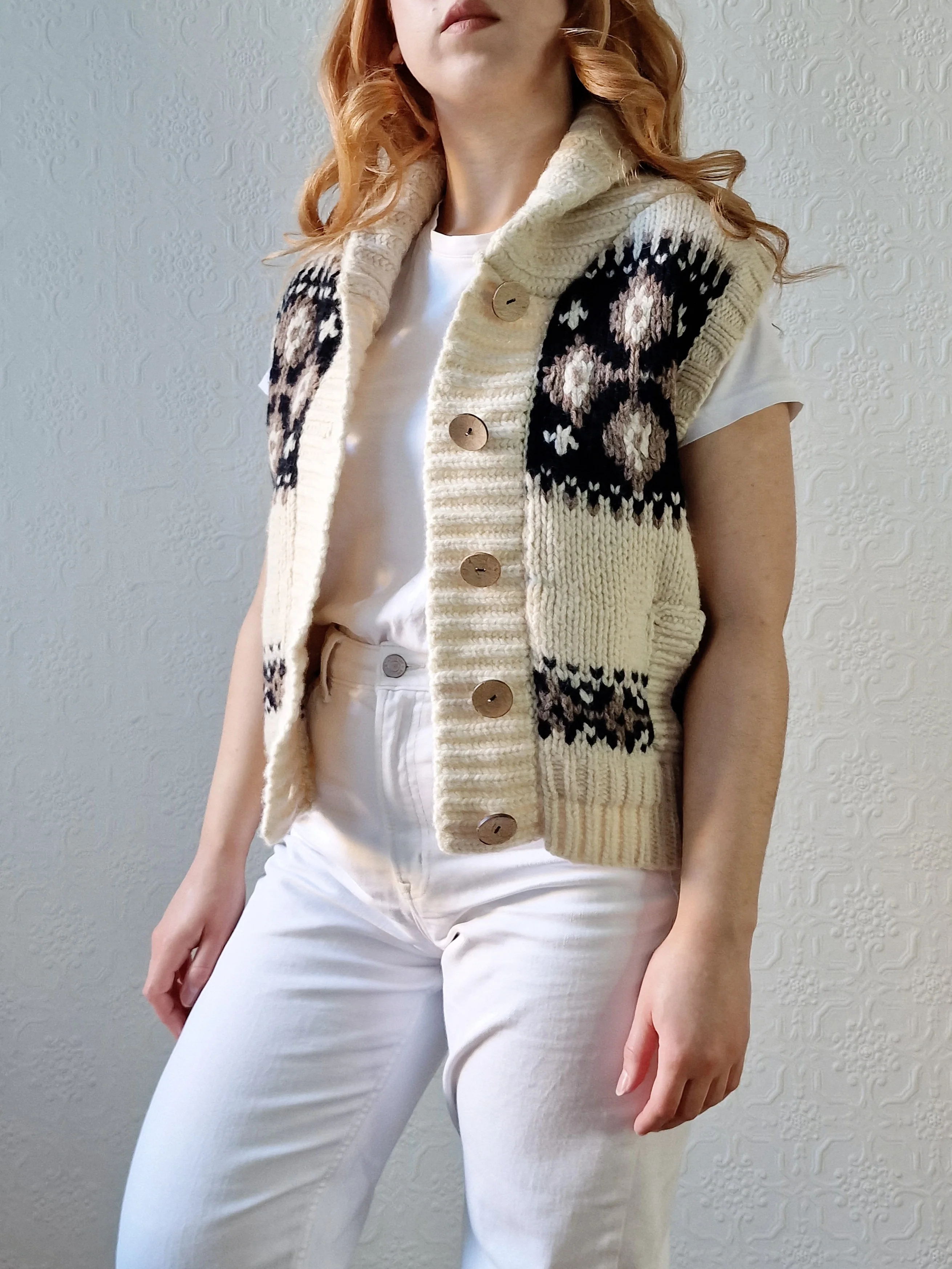 Vintage Pure Wool Cream Knitted Norwegian Style Sleeveless Vest - M - Image 7