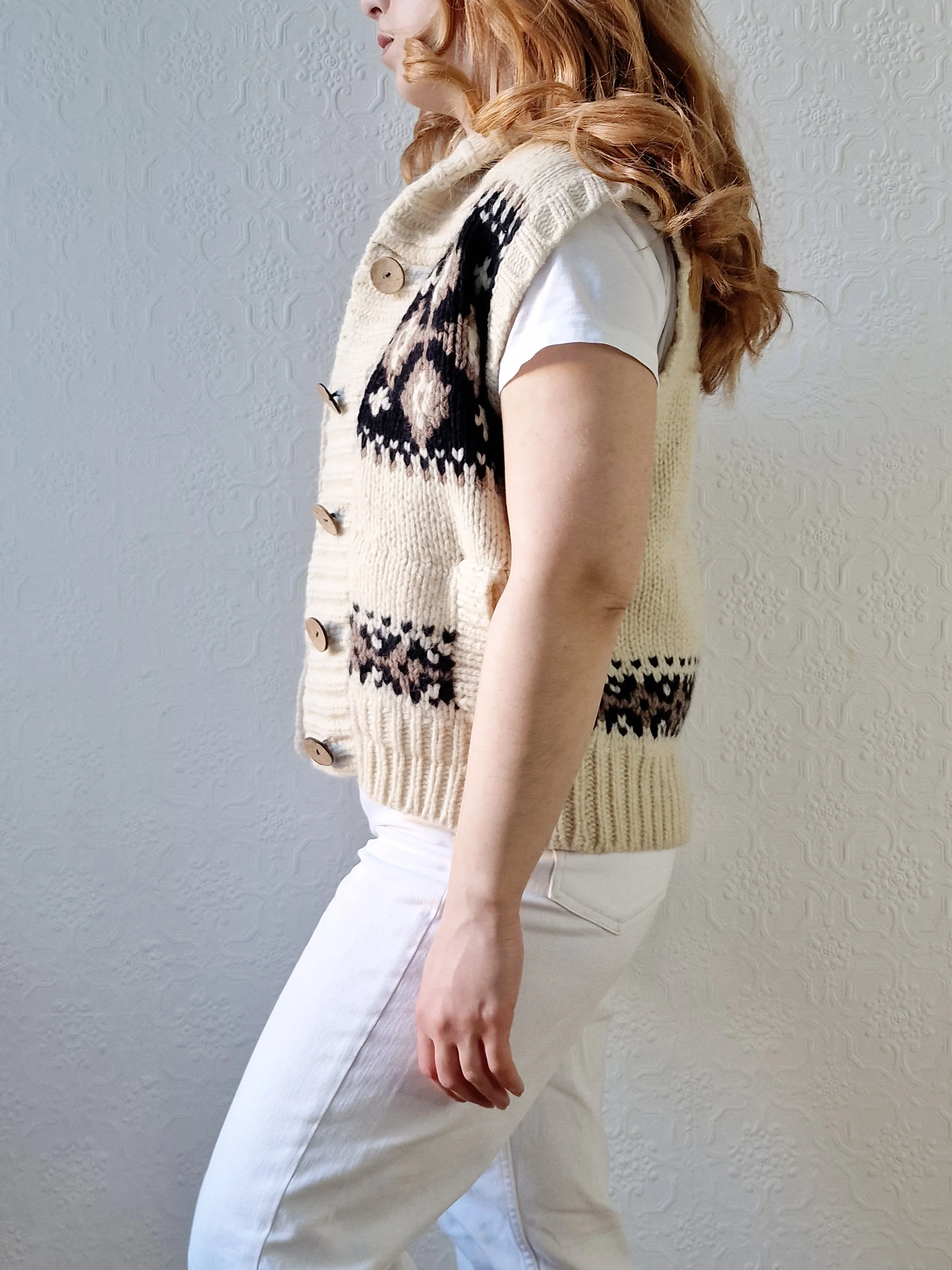 Vintage Pure Wool Cream Knitted Norwegian Style Sleeveless Vest - M - Image 8