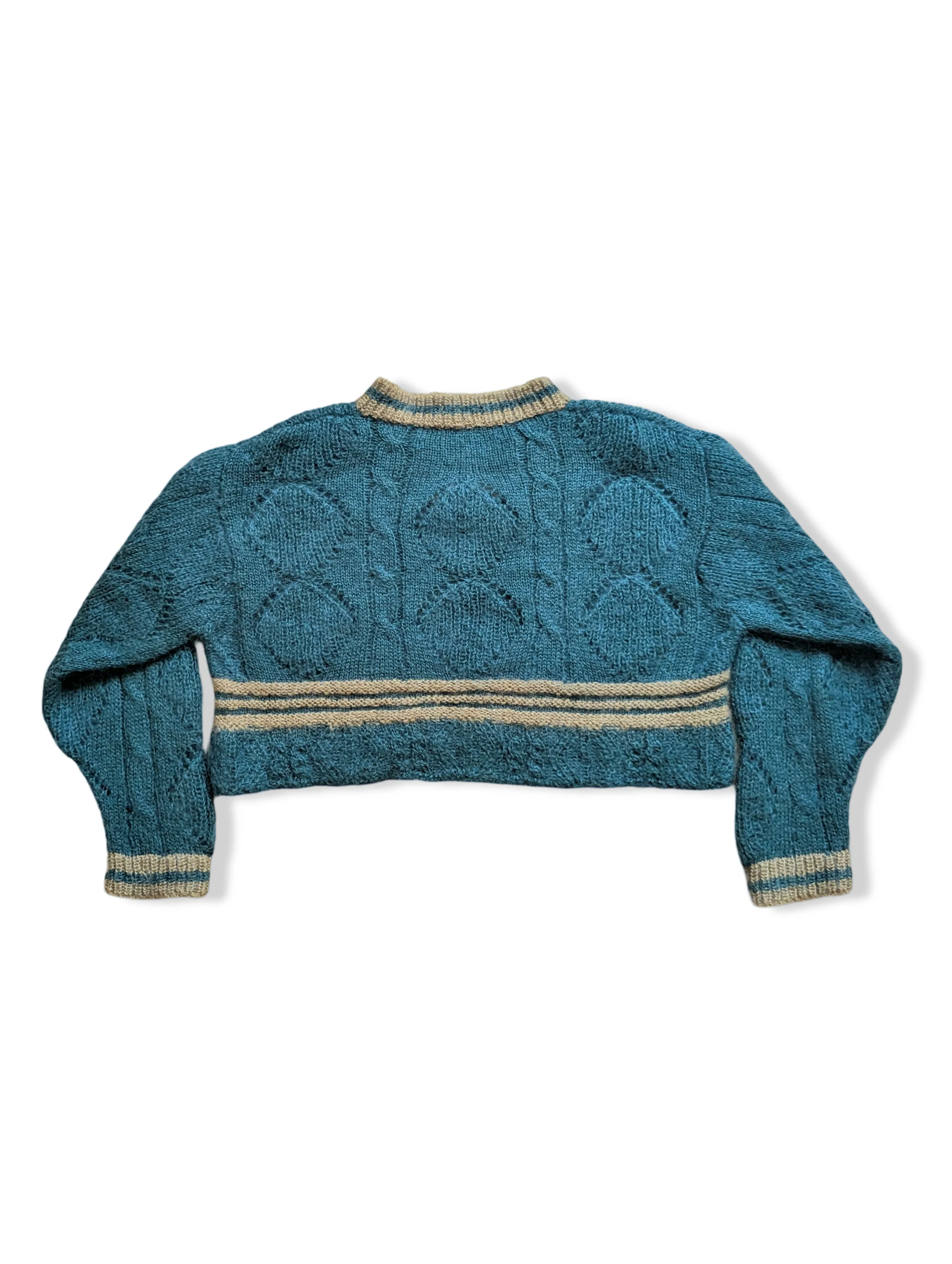 Vintage Pure Wool Green V-Neck Cropped Knitted Jumper - M - Image 3
