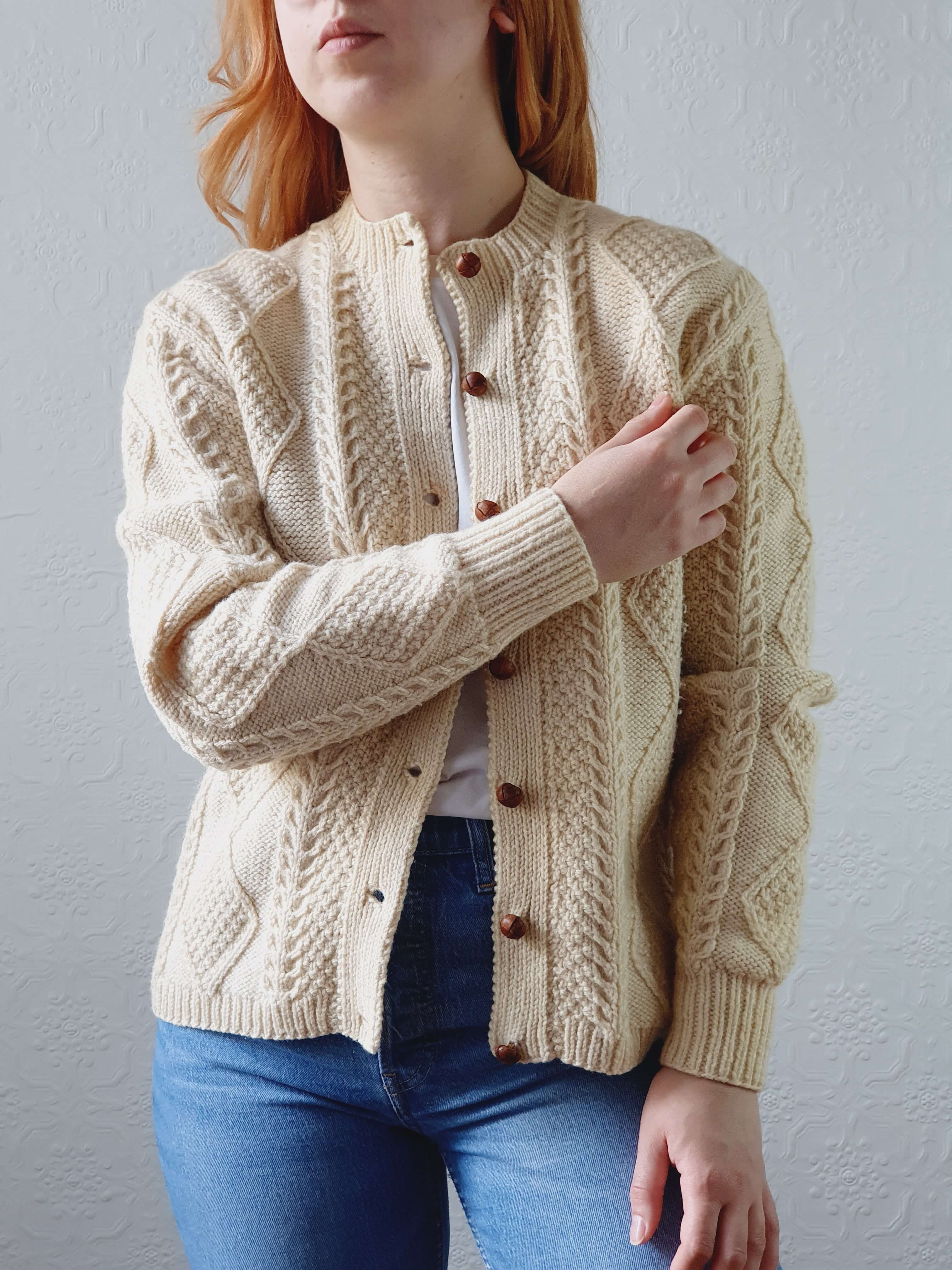 Vintage Pure Wool Handknitted Aran Cardigan - S/M