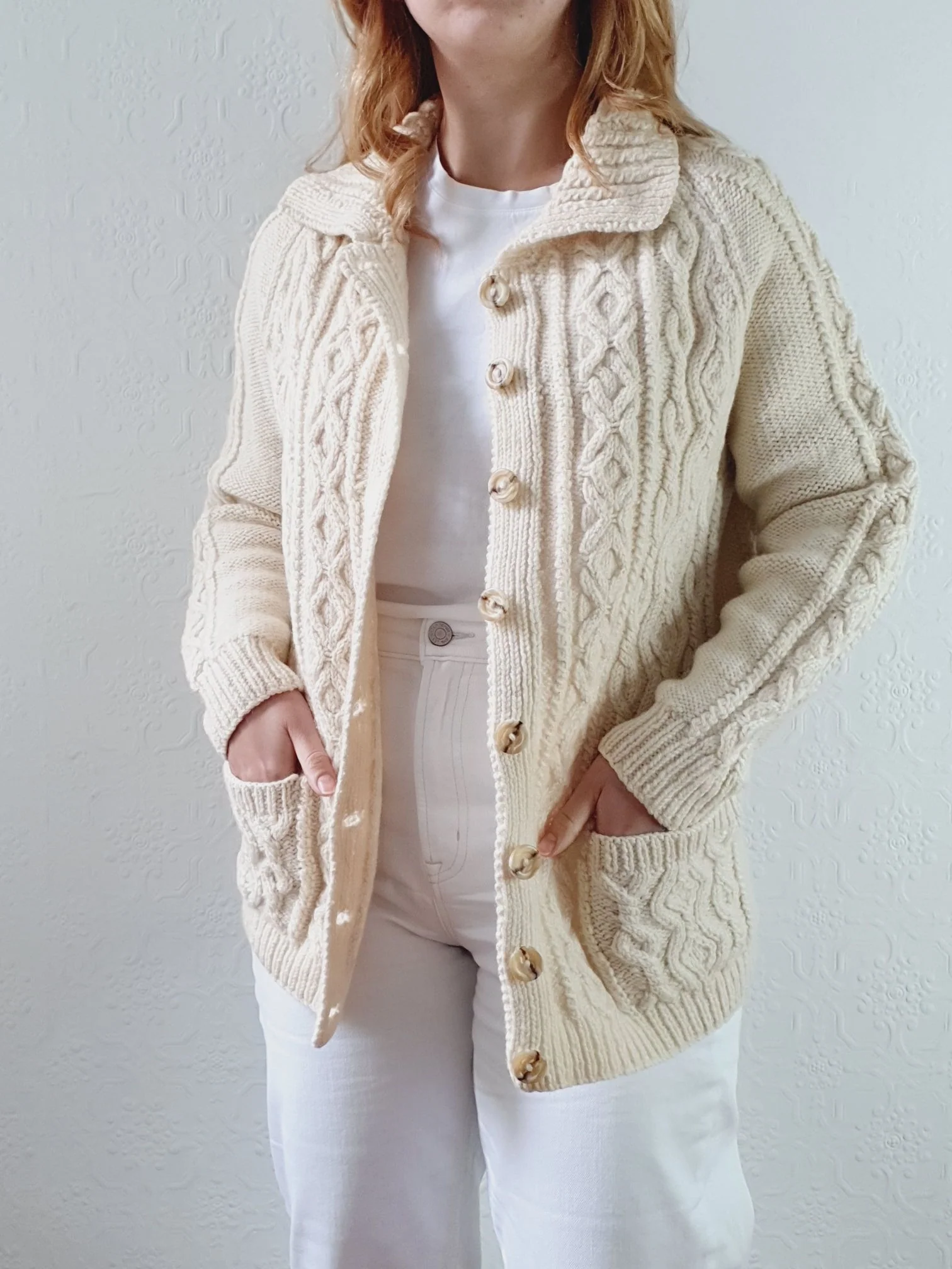 Vintage Pure Wool Handknitted Cream Aran Cardigan - S/M