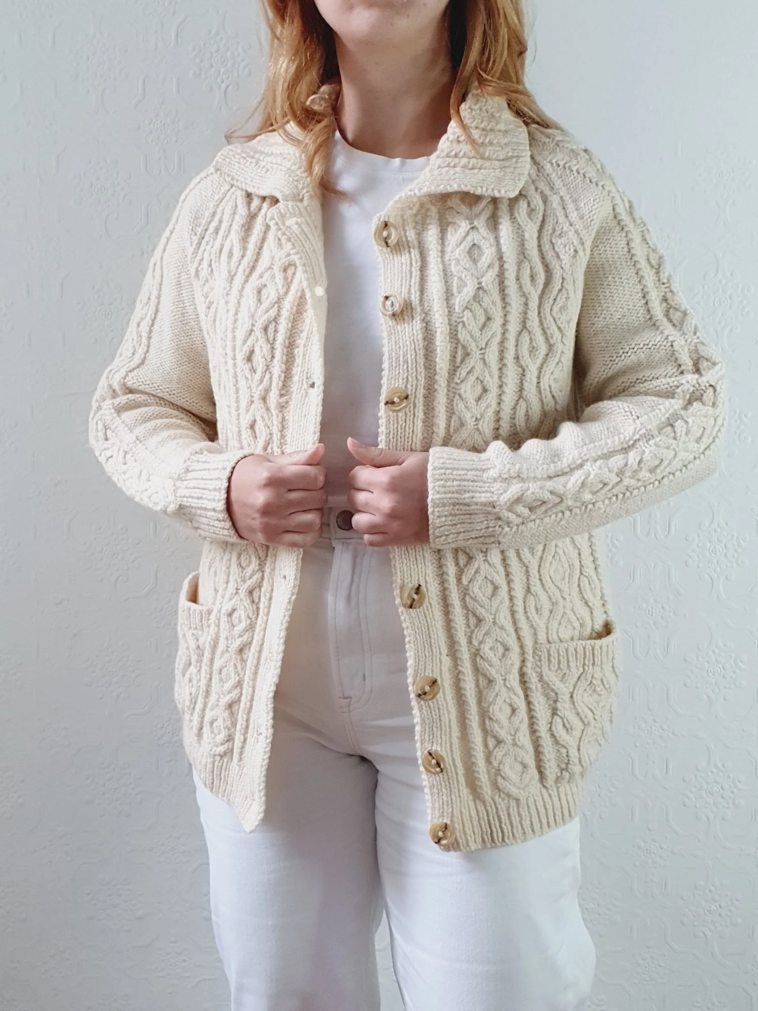 Vintage Pure Wool Handknitted Cream Aran Cardigan - S/M - Image 2