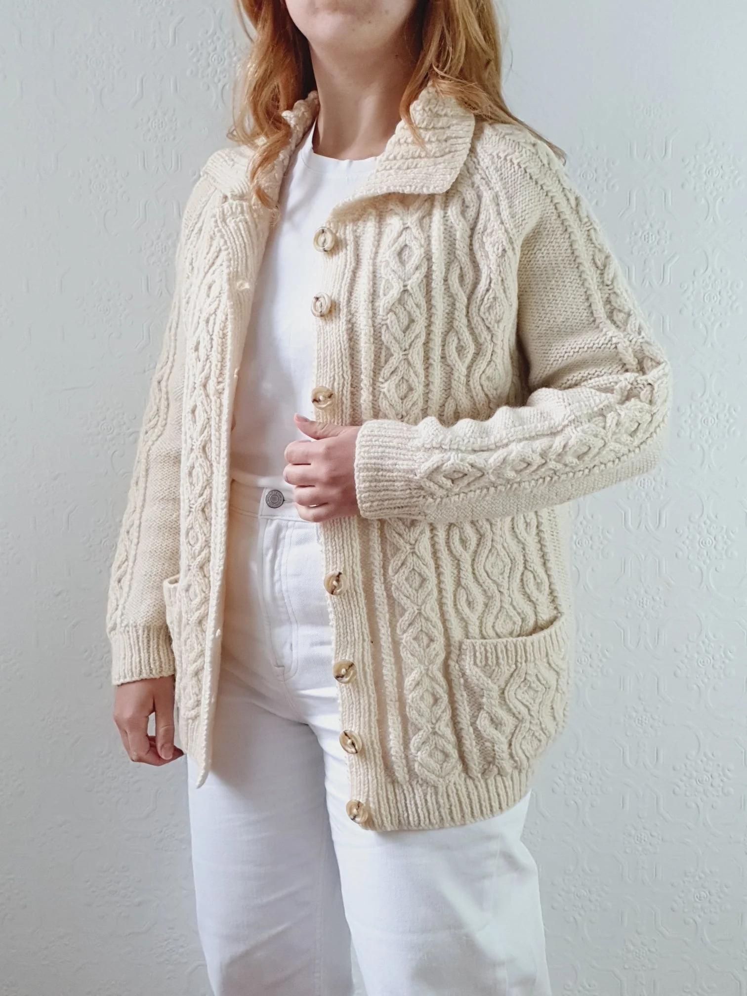Vintage Pure Wool Handknitted Cream Aran Cardigan - S/M - Image 3