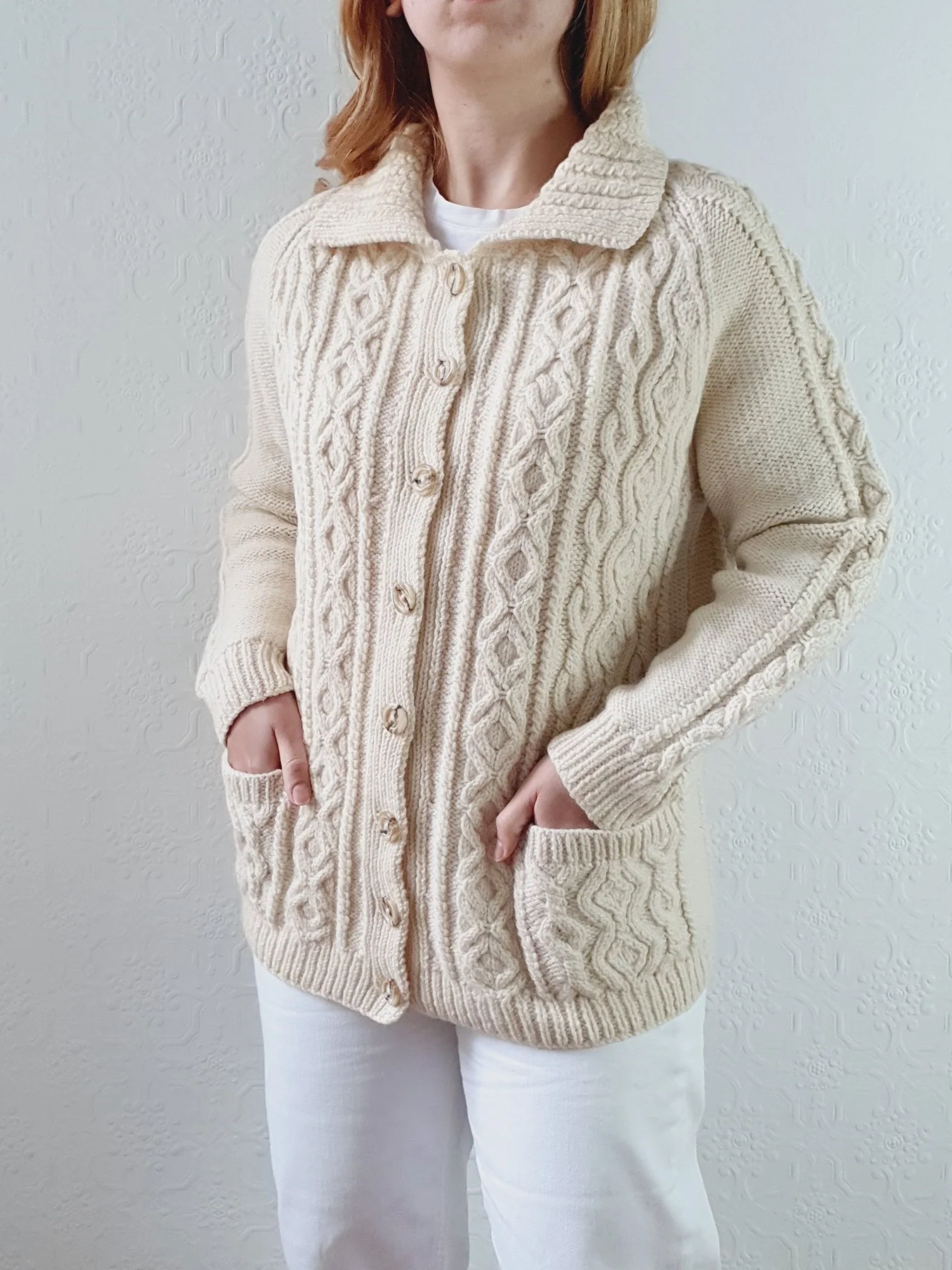 Vintage Pure Wool Handknitted Cream Aran Cardigan - S/M - Image 5