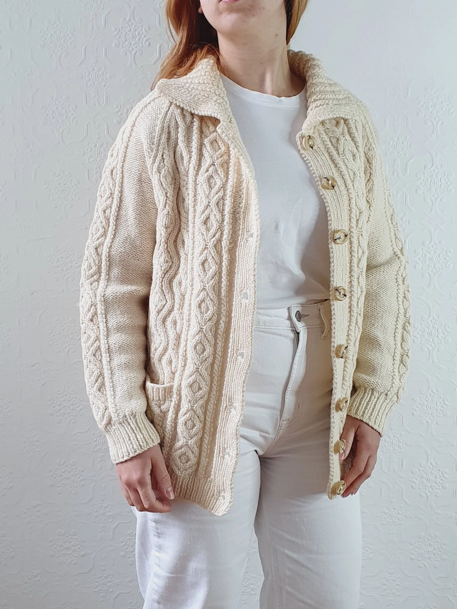 Vintage Pure Wool Handknitted Cream Aran Cardigan - S/M - Image 6