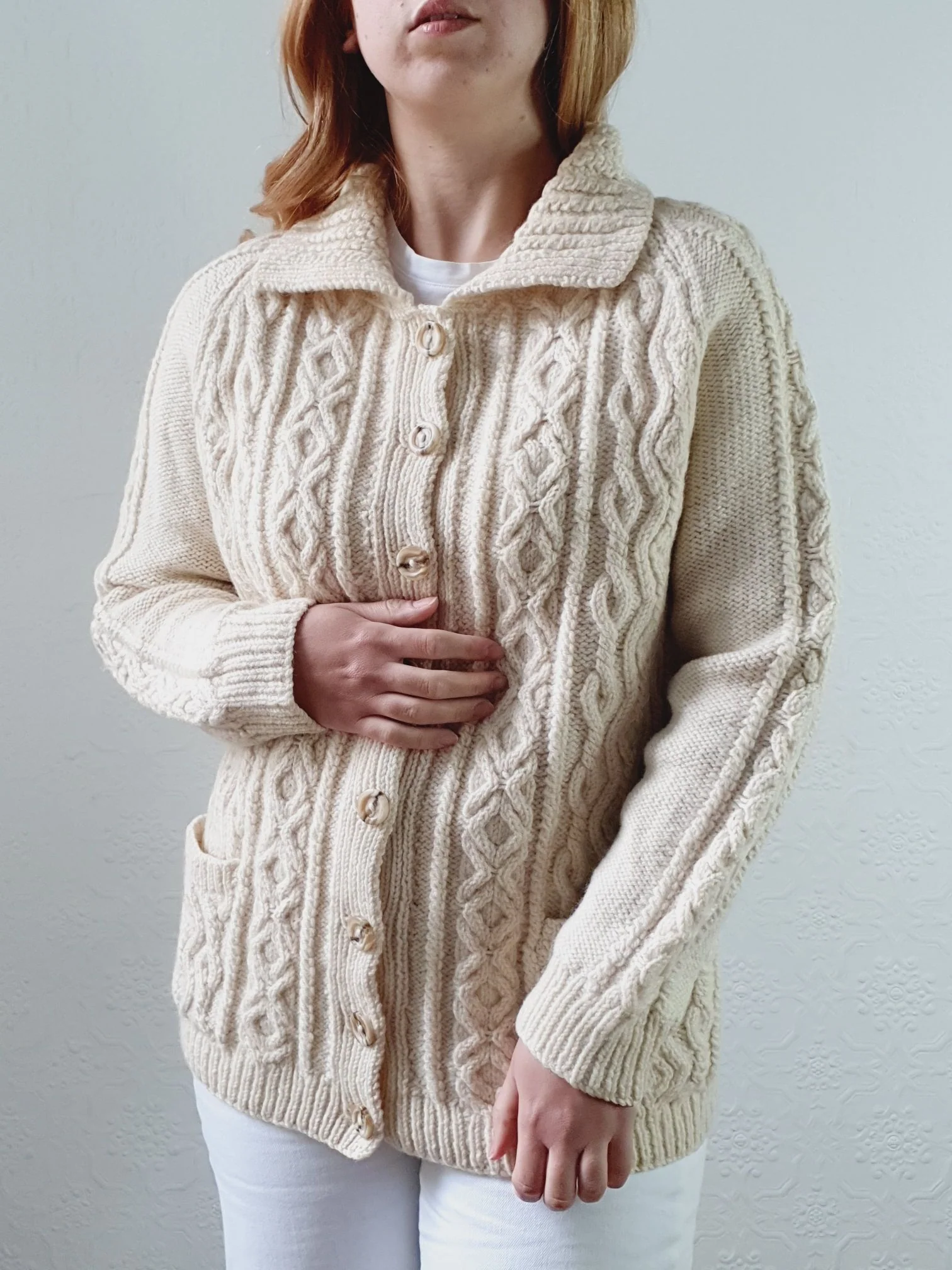 Vintage Pure Wool Handknitted Cream Aran Cardigan - S/M - Image 7