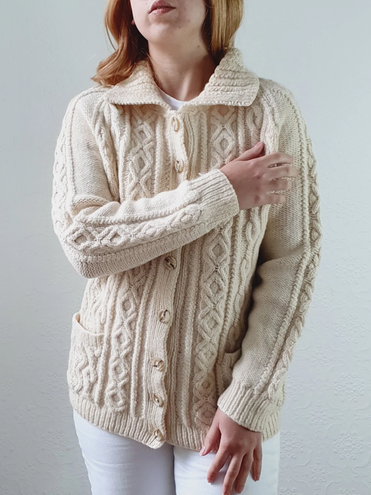 Vintage Pure Wool Handknitted Cream Aran Cardigan - S/M - Image 8